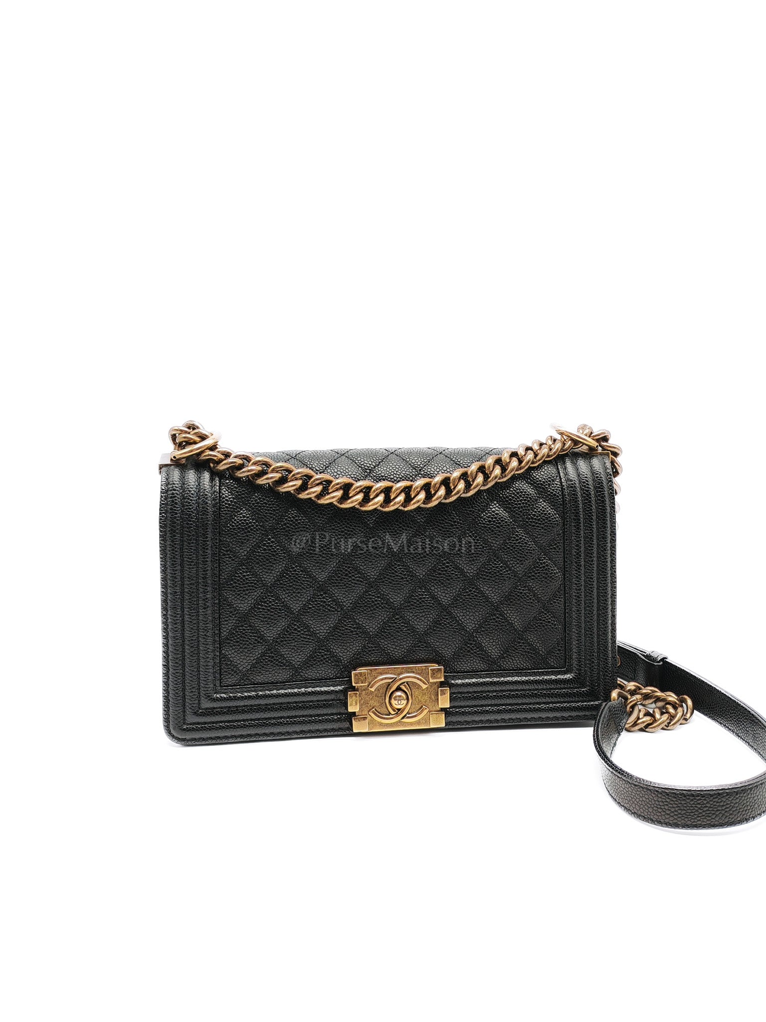 Le Boy Medium in Black Caviar Leather in Aged Gold Hardware (Series 20) | Purse Maison Luxury Bags Shop