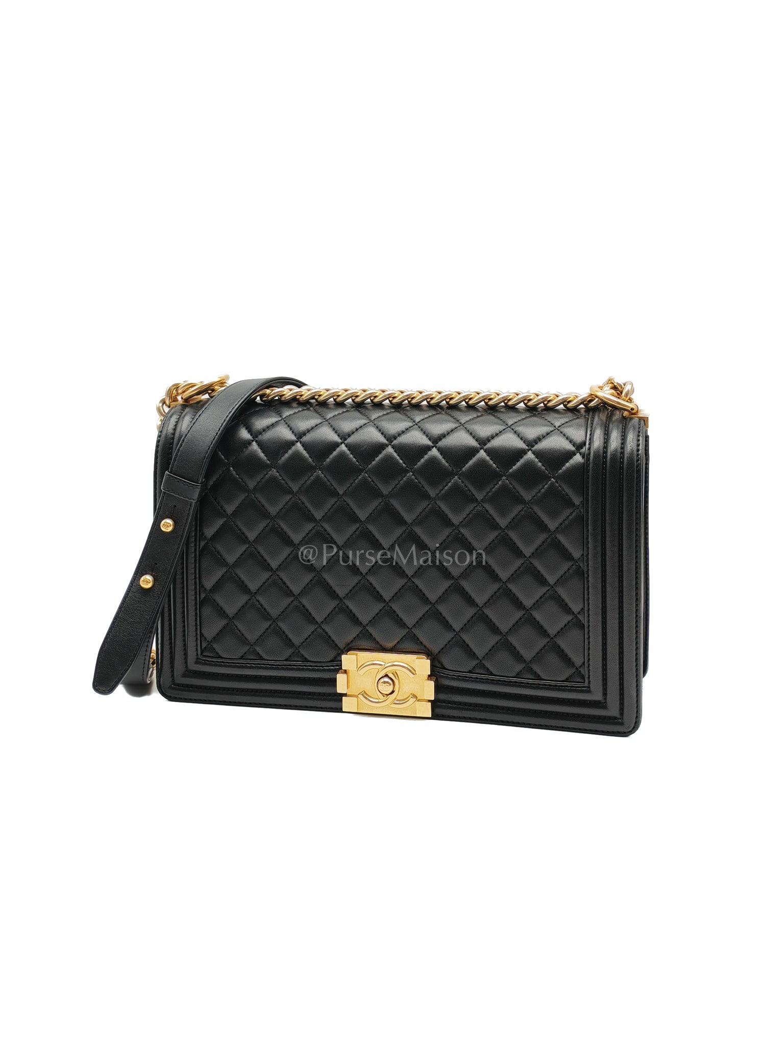 Le Boy New Medium Black Lambskin Leather in Aged Gold Hardware (Series 23) | Purse Maison Luxury Bags Shop
