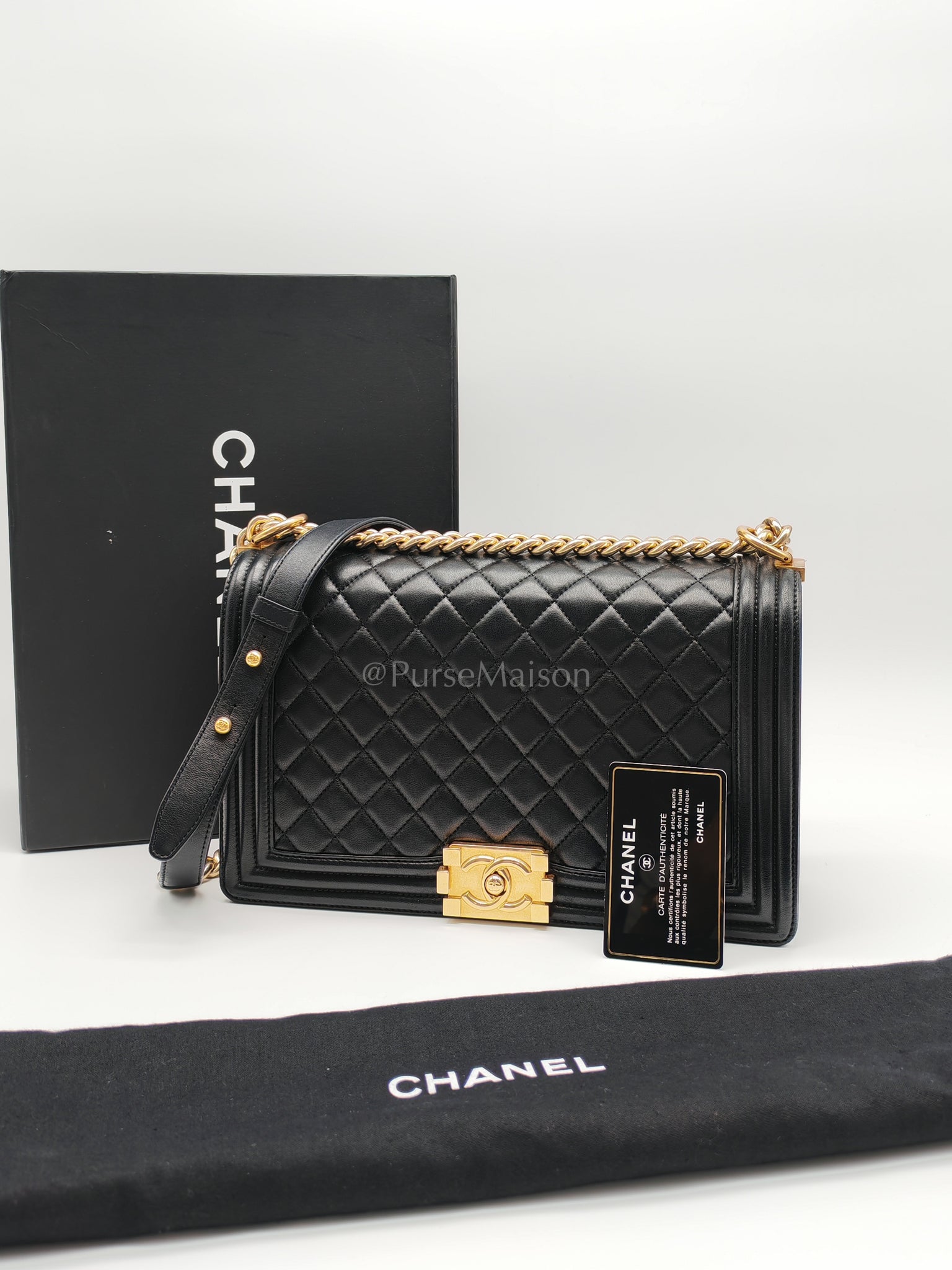 Le Boy New Medium Black Lambskin Leather in Aged Gold Hardware (Series 23) | Purse Maison Luxury Bags Shop