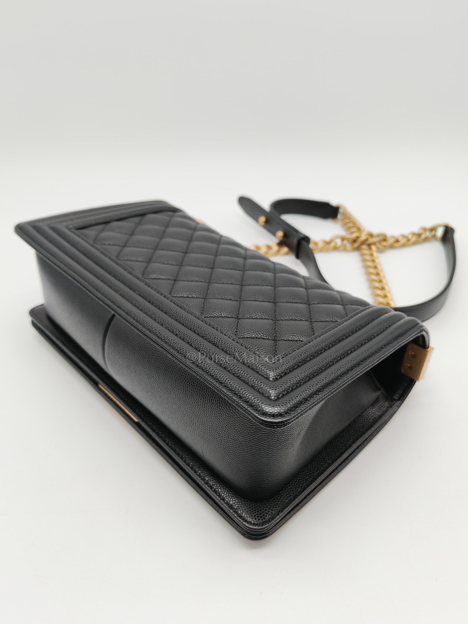 Le Boy Old Medium in Black Quilted Caviar Leather & Aged Gold Hardware Microchip | Purse Maison Luxury Bags Shop