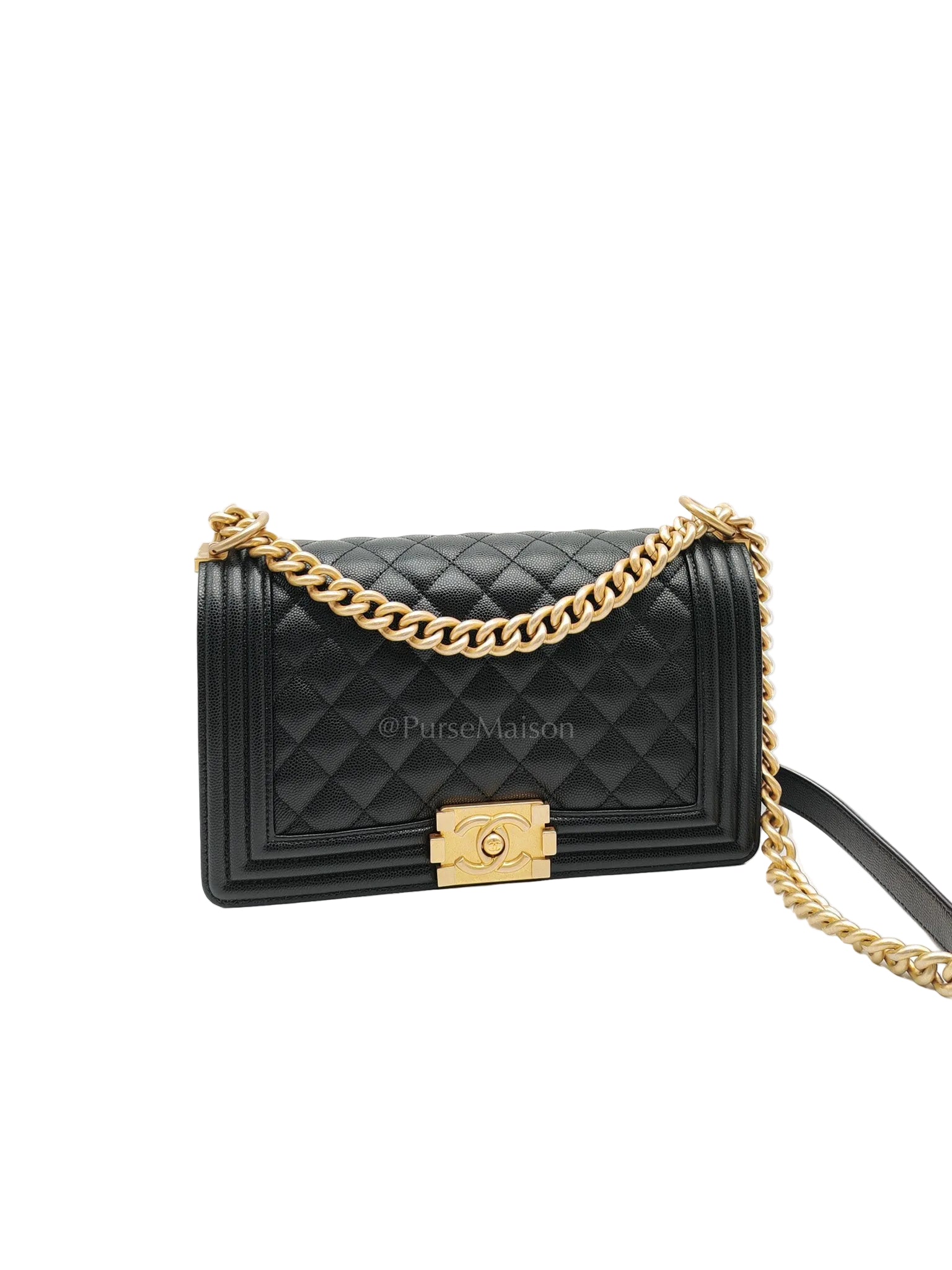 Le Boy Old Medium in Black Quilted Caviar Leather & Aged Gold Hardware Microchip | Purse Maison Luxury Bags Shop