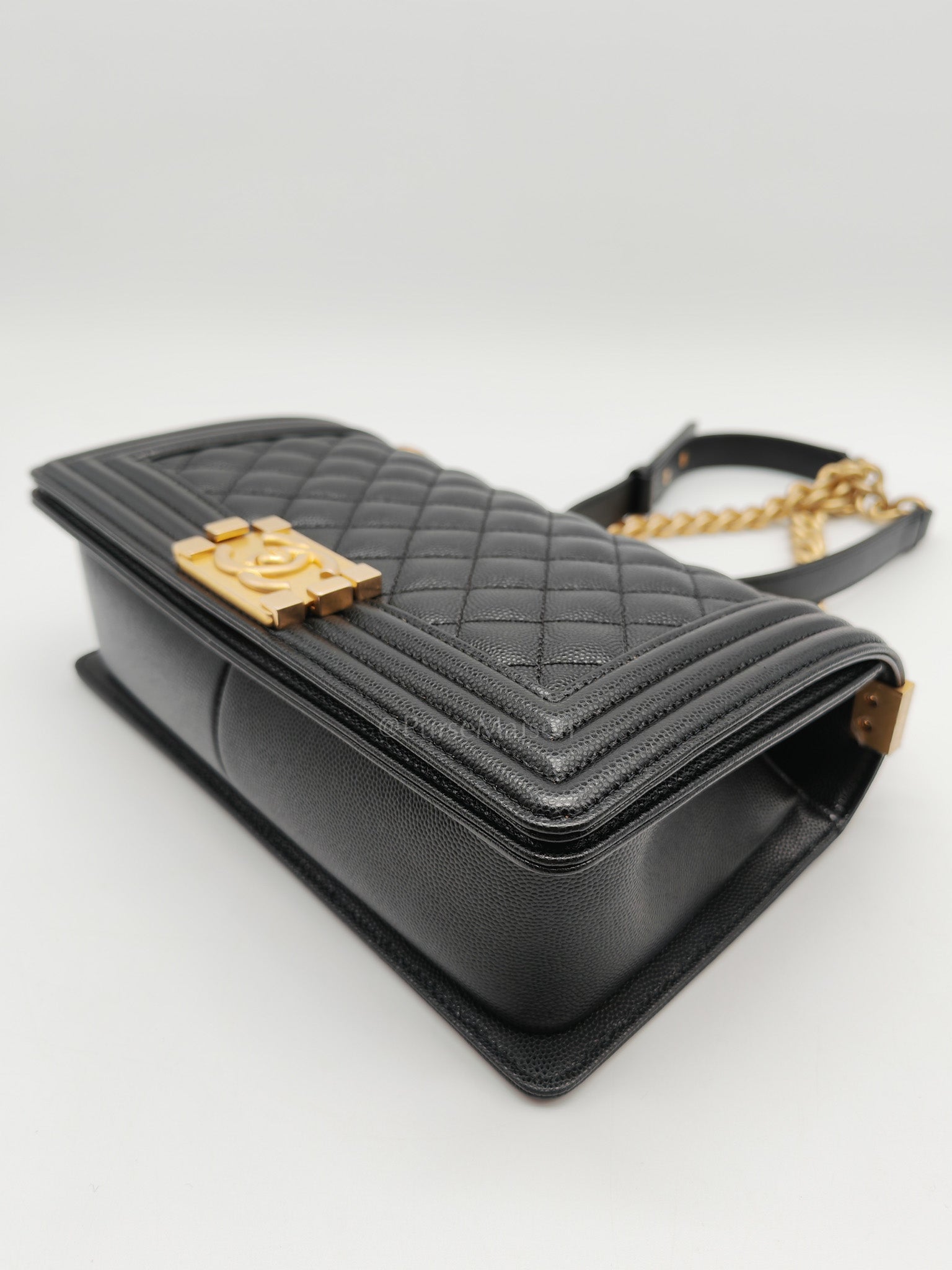 Le Boy Old Medium in Black Quilted Caviar Leather & Aged Gold Hardware Microchip | Purse Maison Luxury Bags Shop