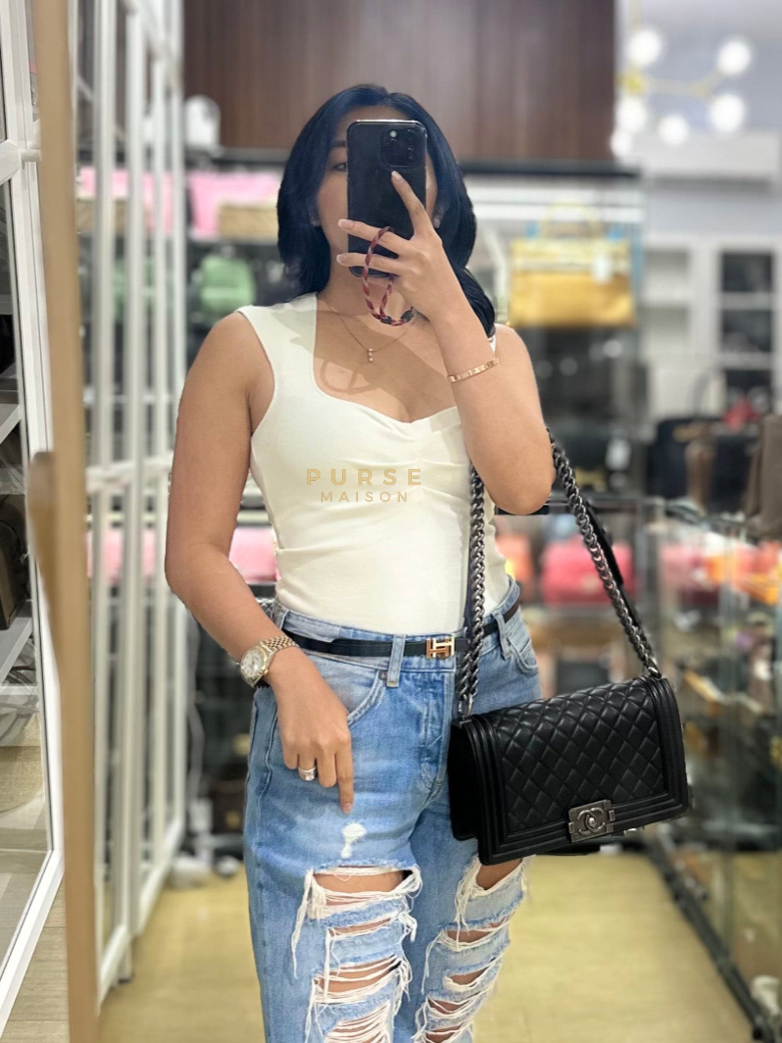 Le Boy Old Medium in Black Quilted Lambskin Leather & Ruthenium Hardware (Series 23) | Purse Maison Luxury Bags Shop