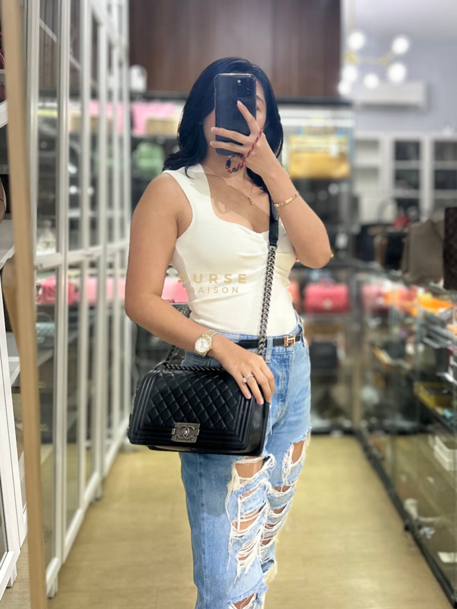 Le Boy Old Medium in Black Quilted Lambskin Leather & Ruthenium Hardware (Series 23) | Purse Maison Luxury Bags Shop