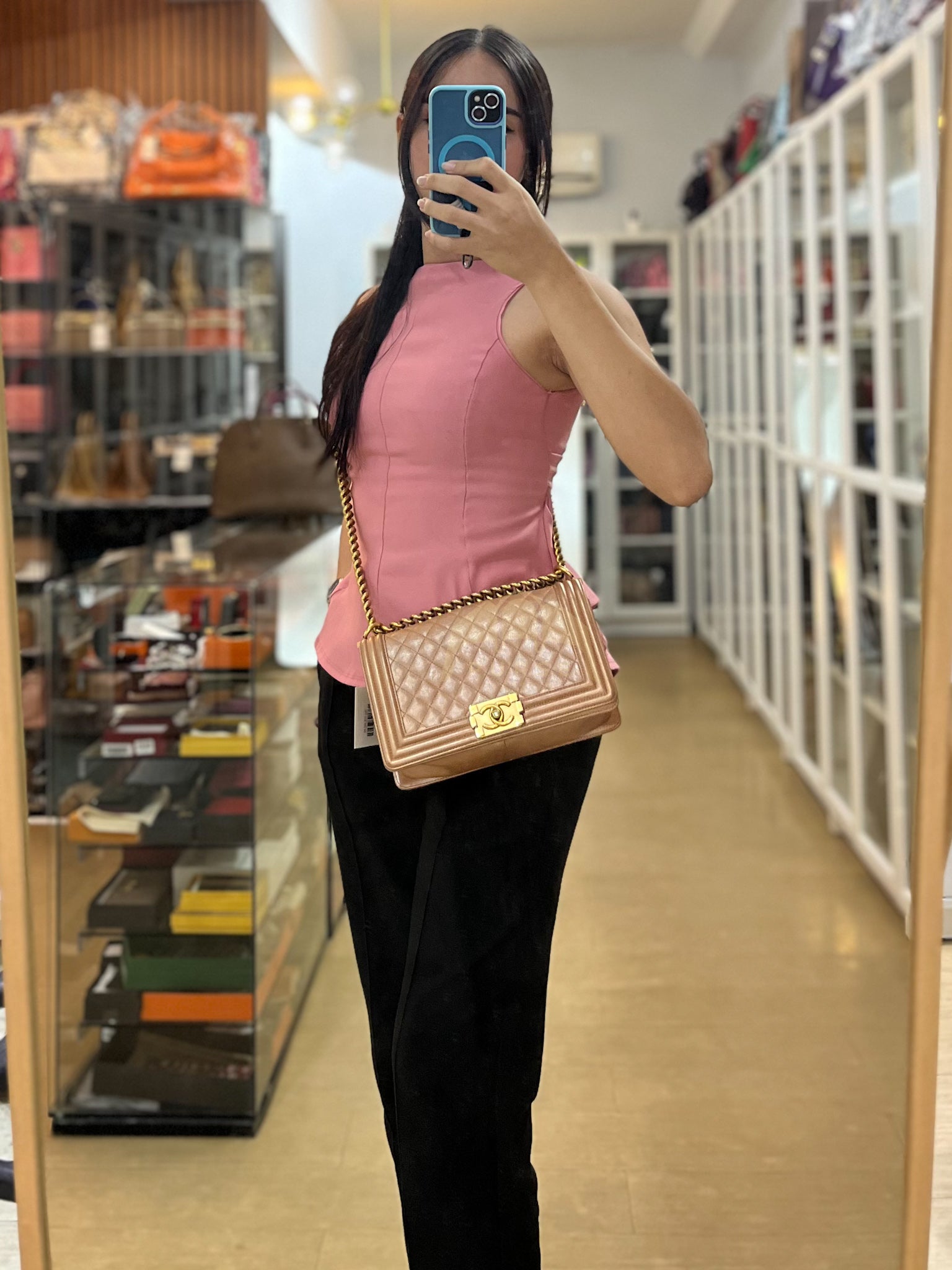 Le Boy Old Medium in Metallic Bronze Quilted Calfskin Leather and Gold Hardware Series 20 | Purse Maison Luxury Bags Shop