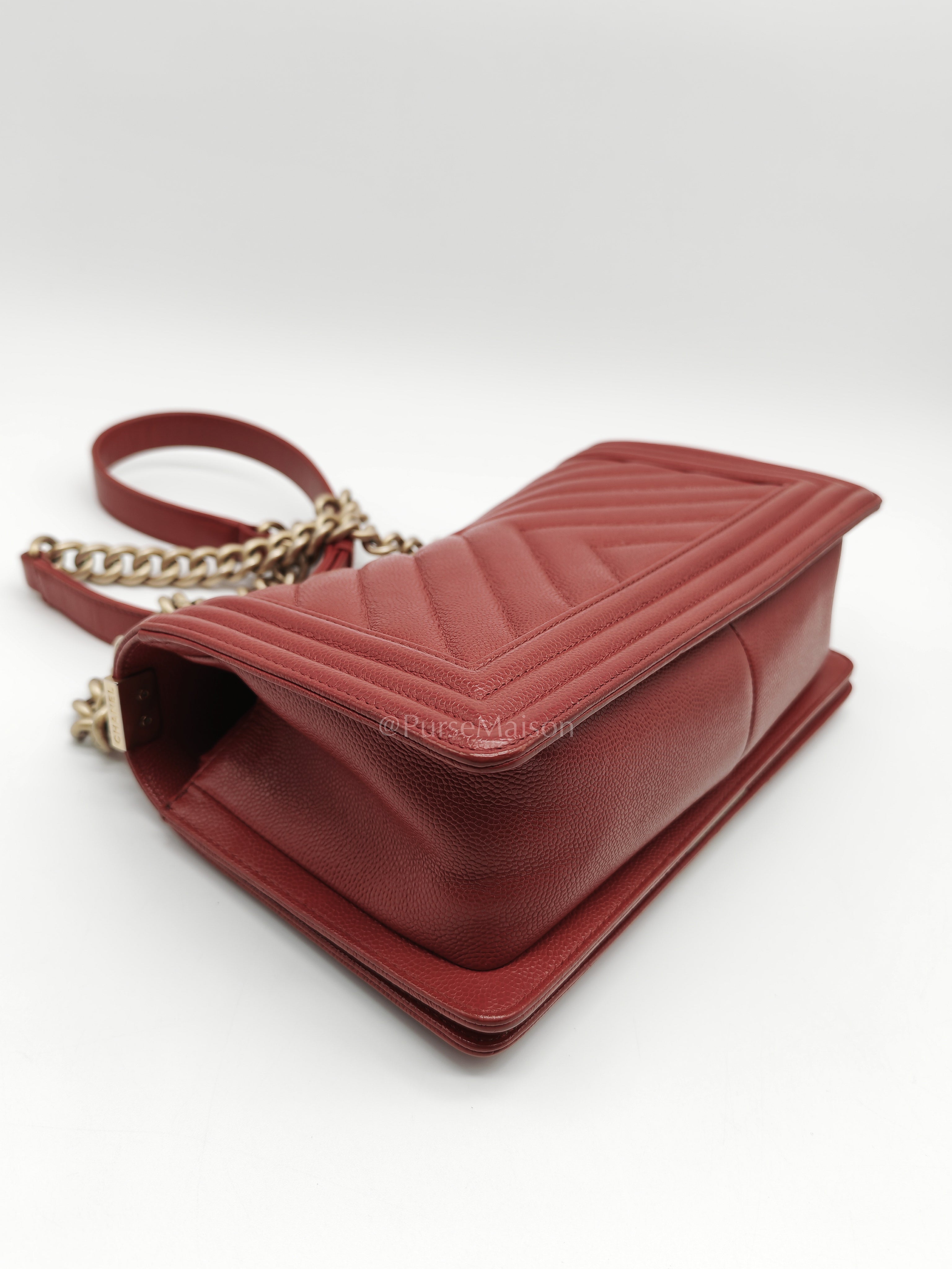 Le Boy Old Medium in Red Chevron Caviar Leather & Aged Gold Hardware Series 25 | Purse Maison Luxury Bags Shop