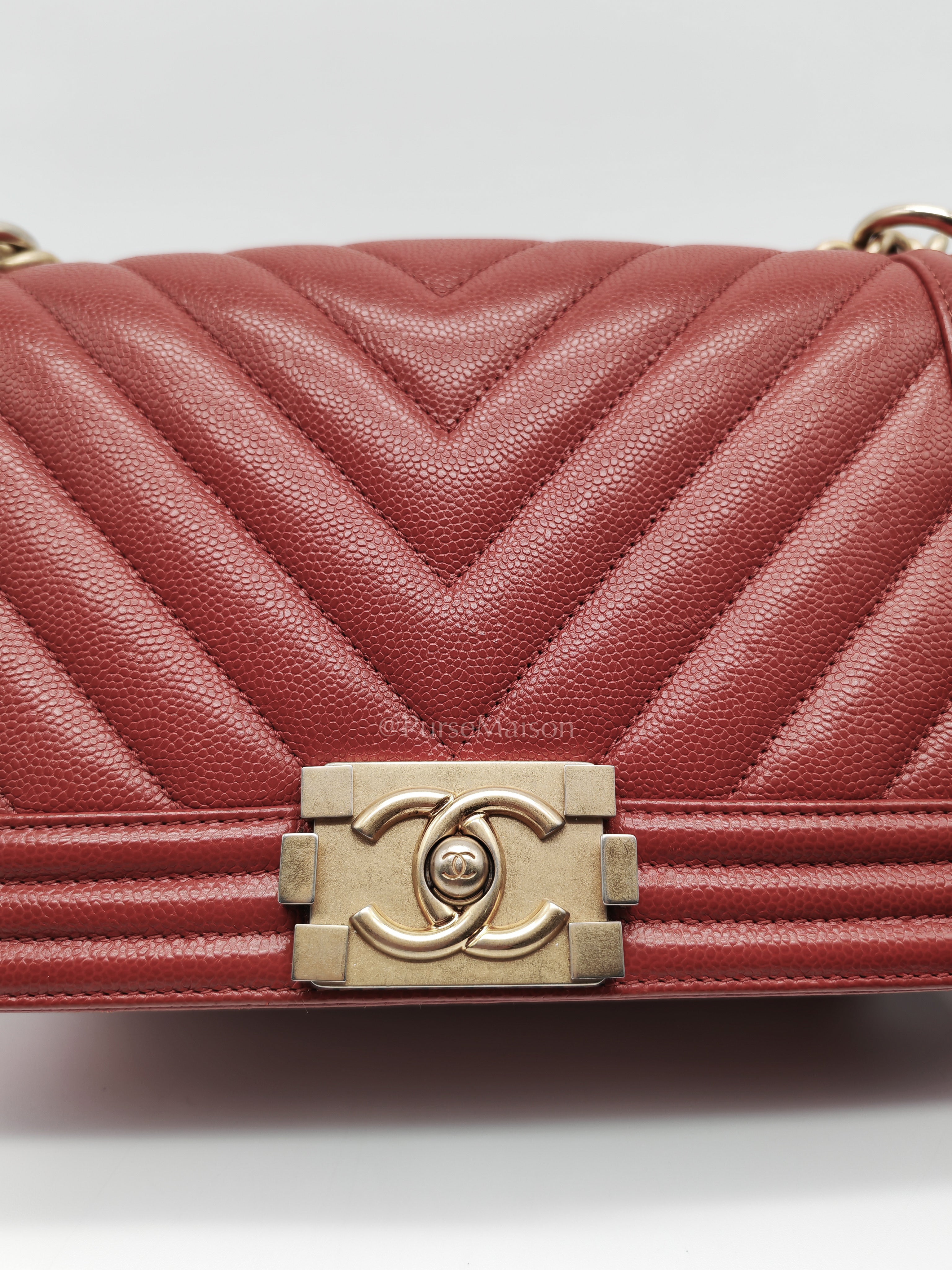 Le Boy Old Medium in Red Chevron Caviar Leather & Aged Gold Hardware Series 25 | Purse Maison Luxury Bags Shop
