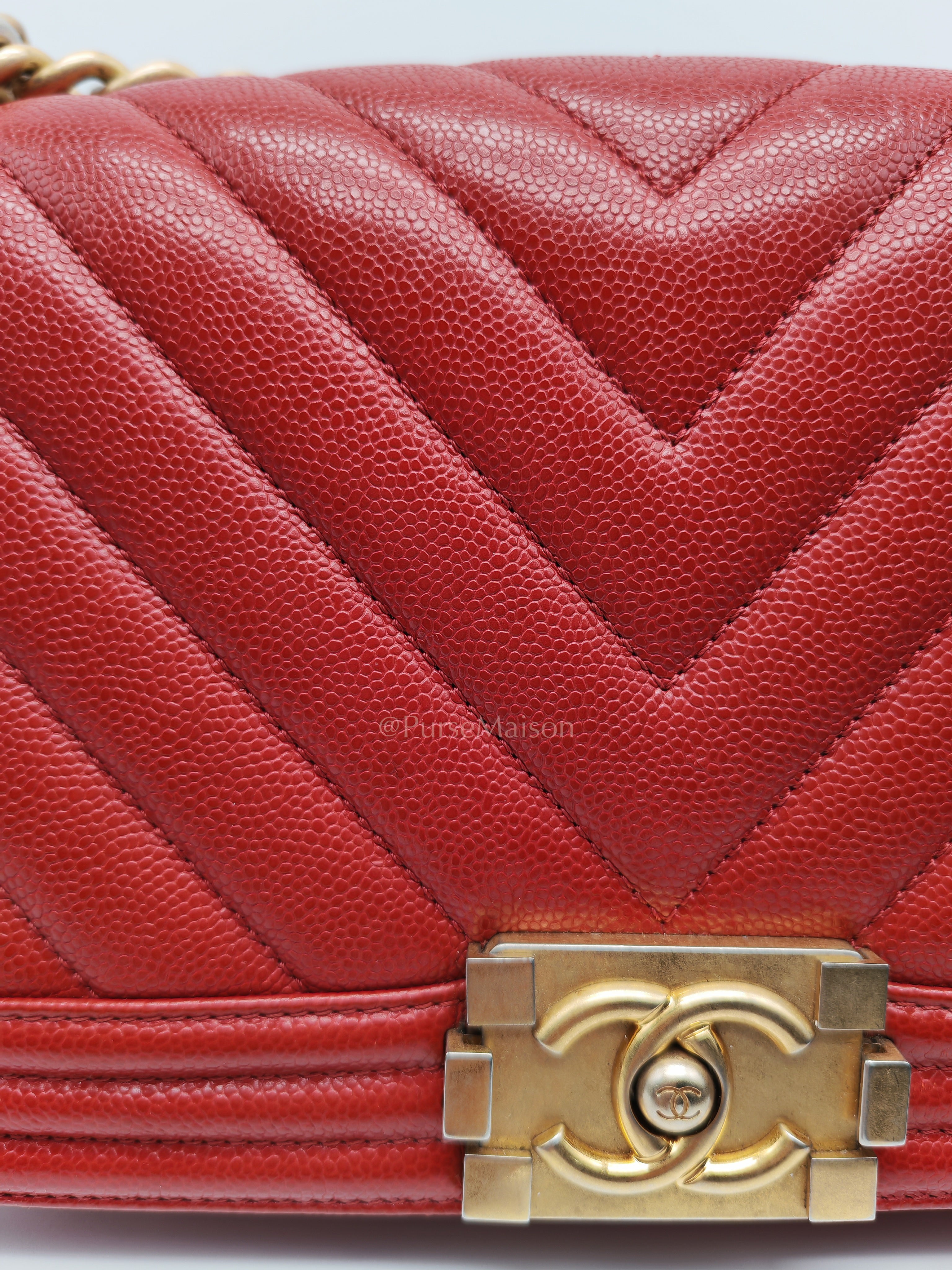 Le Boy Old Medium in Red Chevron Caviar Leather & Aged Gold Hardware Series 25 | Purse Maison Luxury Bags Shop