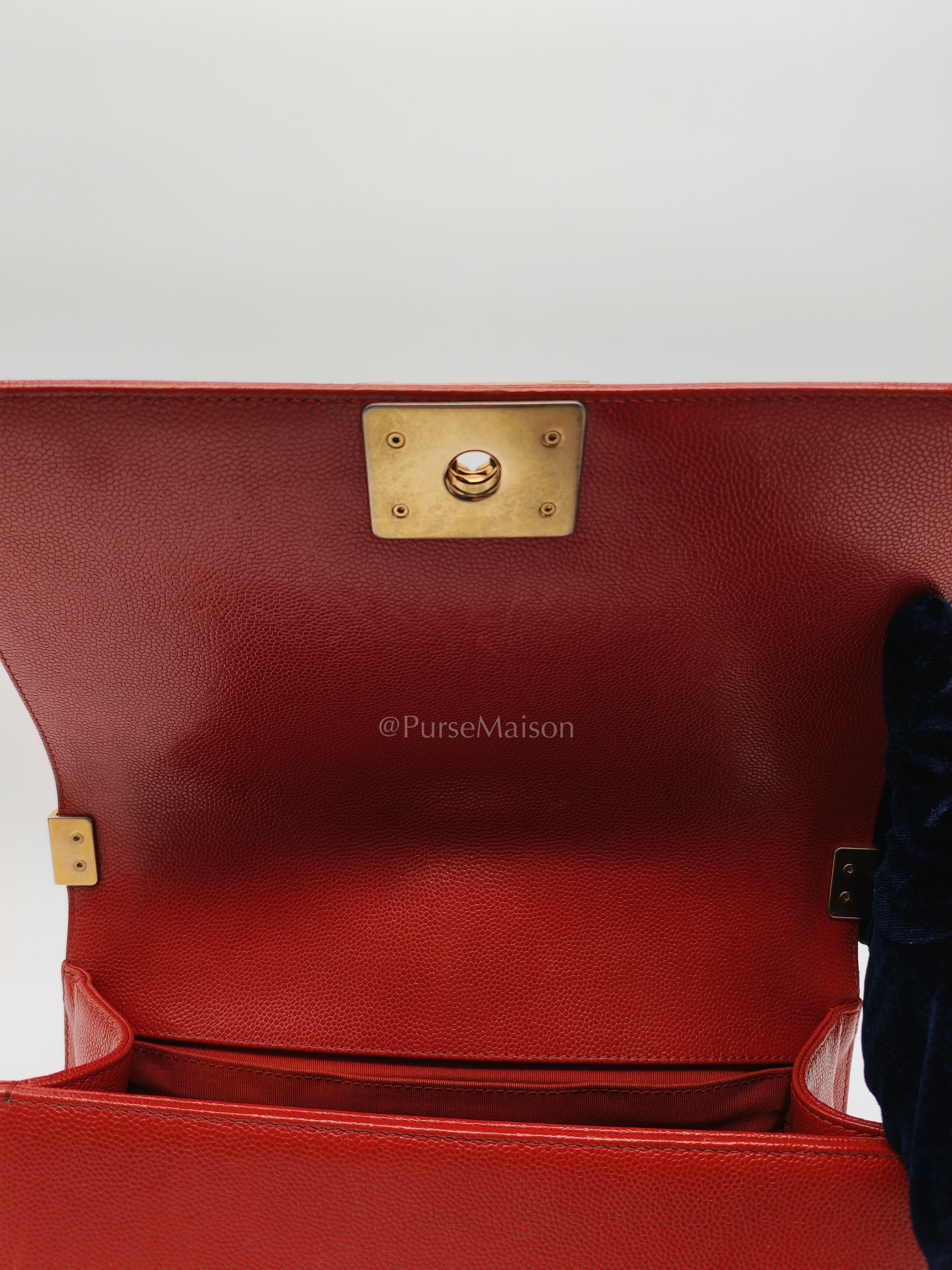 Le Boy Old Medium in Red Chevron Caviar Leather & Aged Gold Hardware Series 25 | Purse Maison Luxury Bags Shop