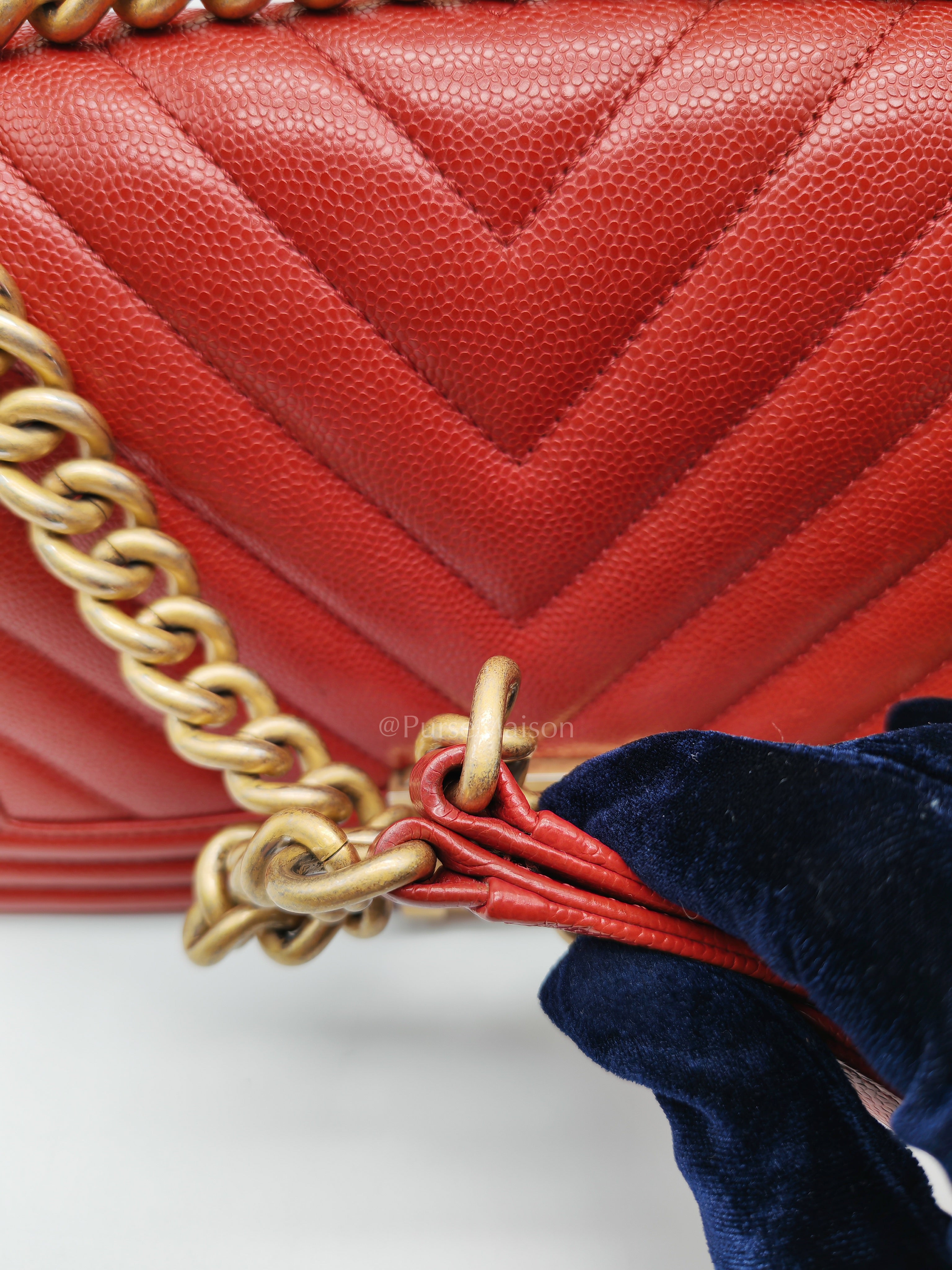Le Boy Old Medium in Red Chevron Caviar Leather & Aged Gold Hardware Series 25 | Purse Maison Luxury Bags Shop