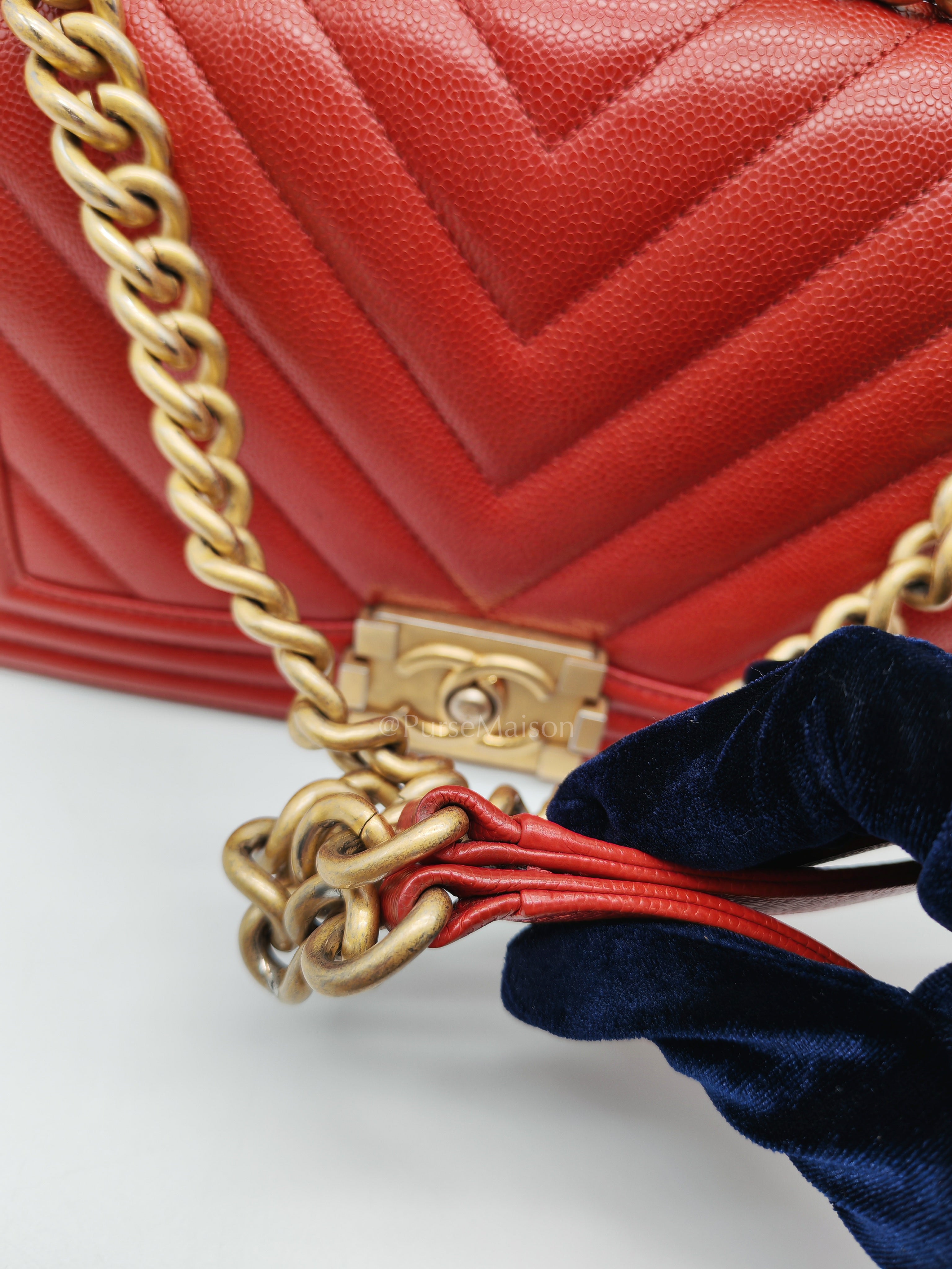 Le Boy Old Medium in Red Chevron Caviar Leather & Aged Gold Hardware Series 25 | Purse Maison Luxury Bags Shop