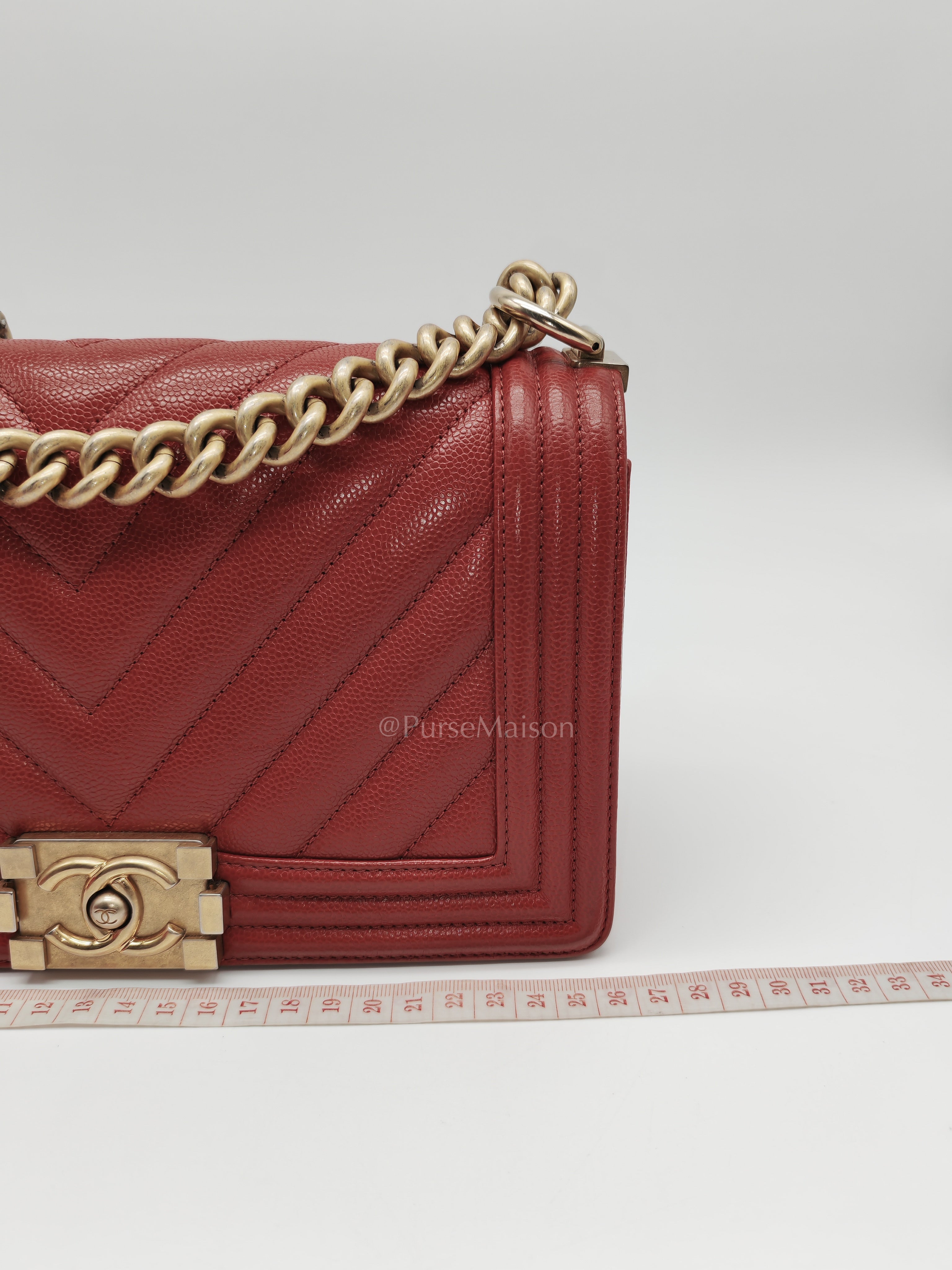 Le Boy Old Medium in Red Chevron Caviar Leather & Aged Gold Hardware Series 25 | Purse Maison Luxury Bags Shop