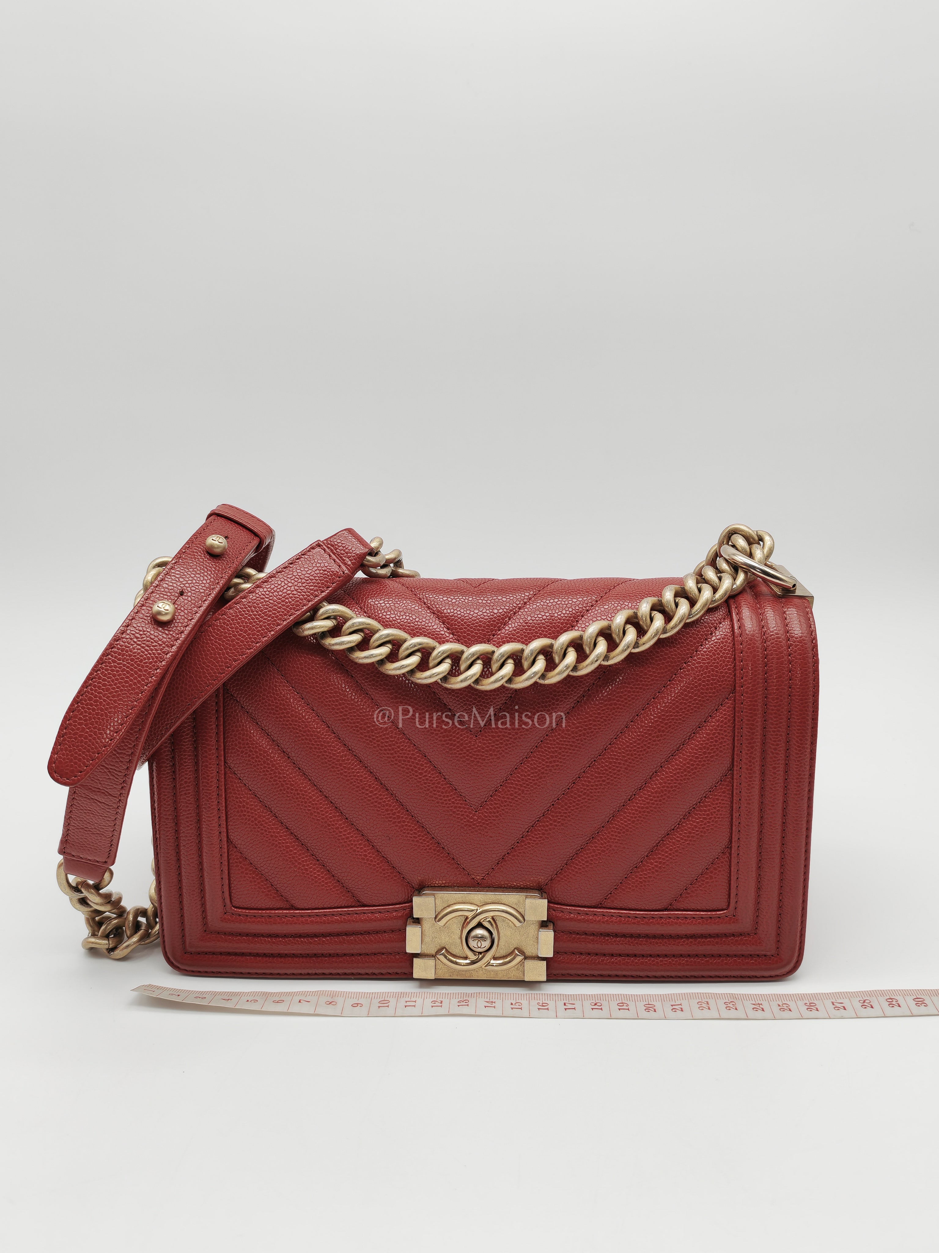 Le Boy Old Medium in Red Chevron Caviar Leather & Aged Gold Hardware Series 25 | Purse Maison Luxury Bags Shop