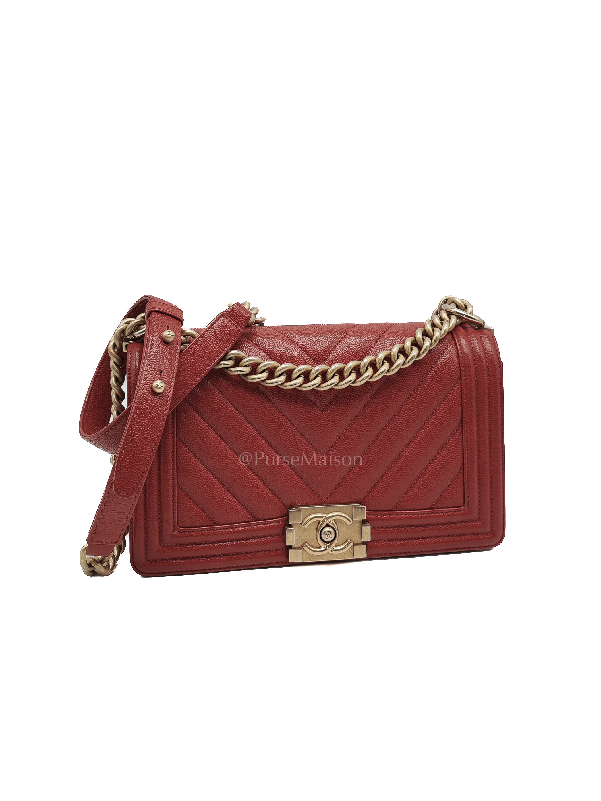 Le Boy Old Medium in Red Chevron Caviar Leather & Aged Gold Hardware Series 25 | Purse Maison Luxury Bags Shop