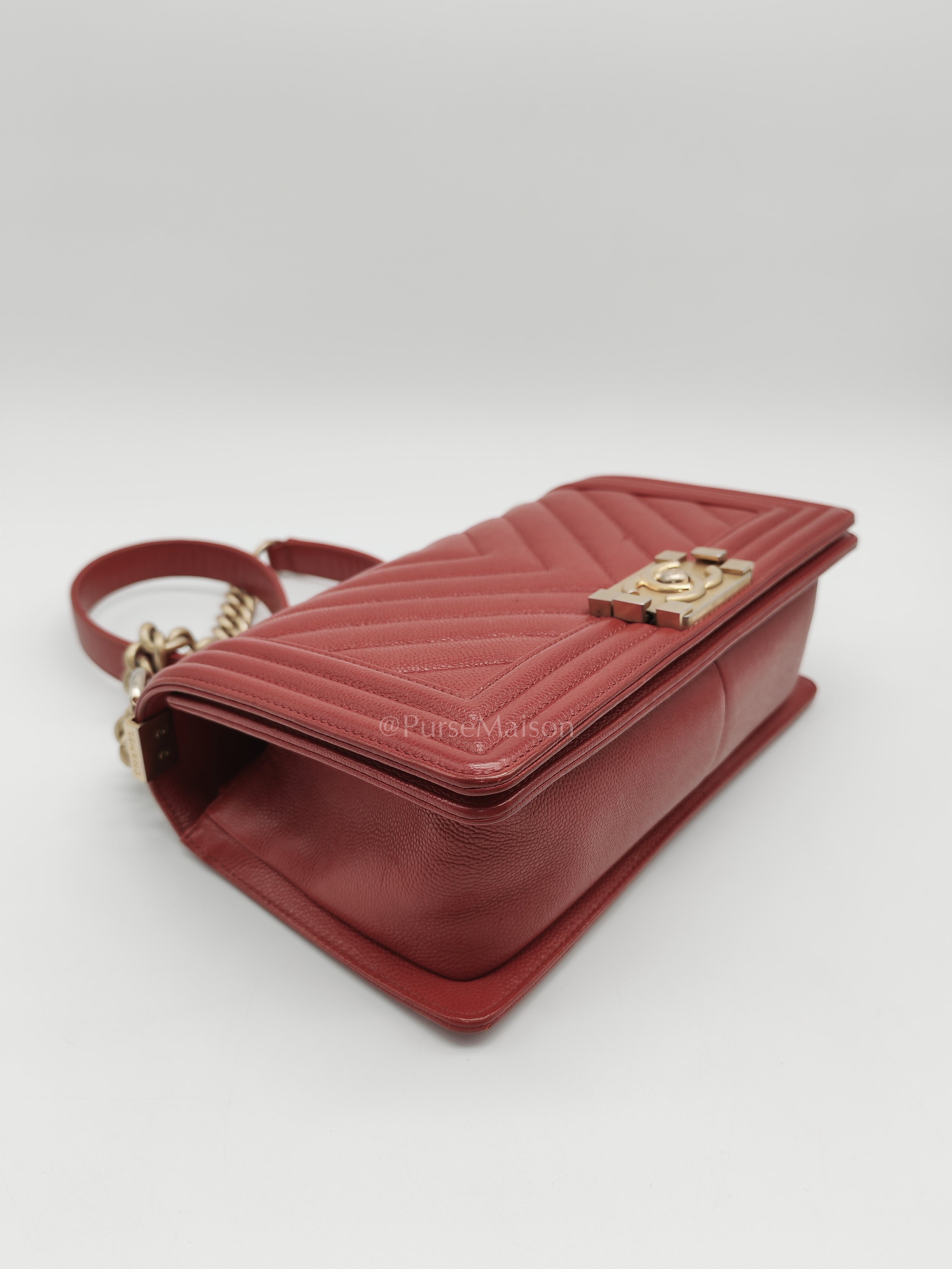 Le Boy Old Medium in Red Chevron Caviar Leather & Aged Gold Hardware Series 25 | Purse Maison Luxury Bags Shop