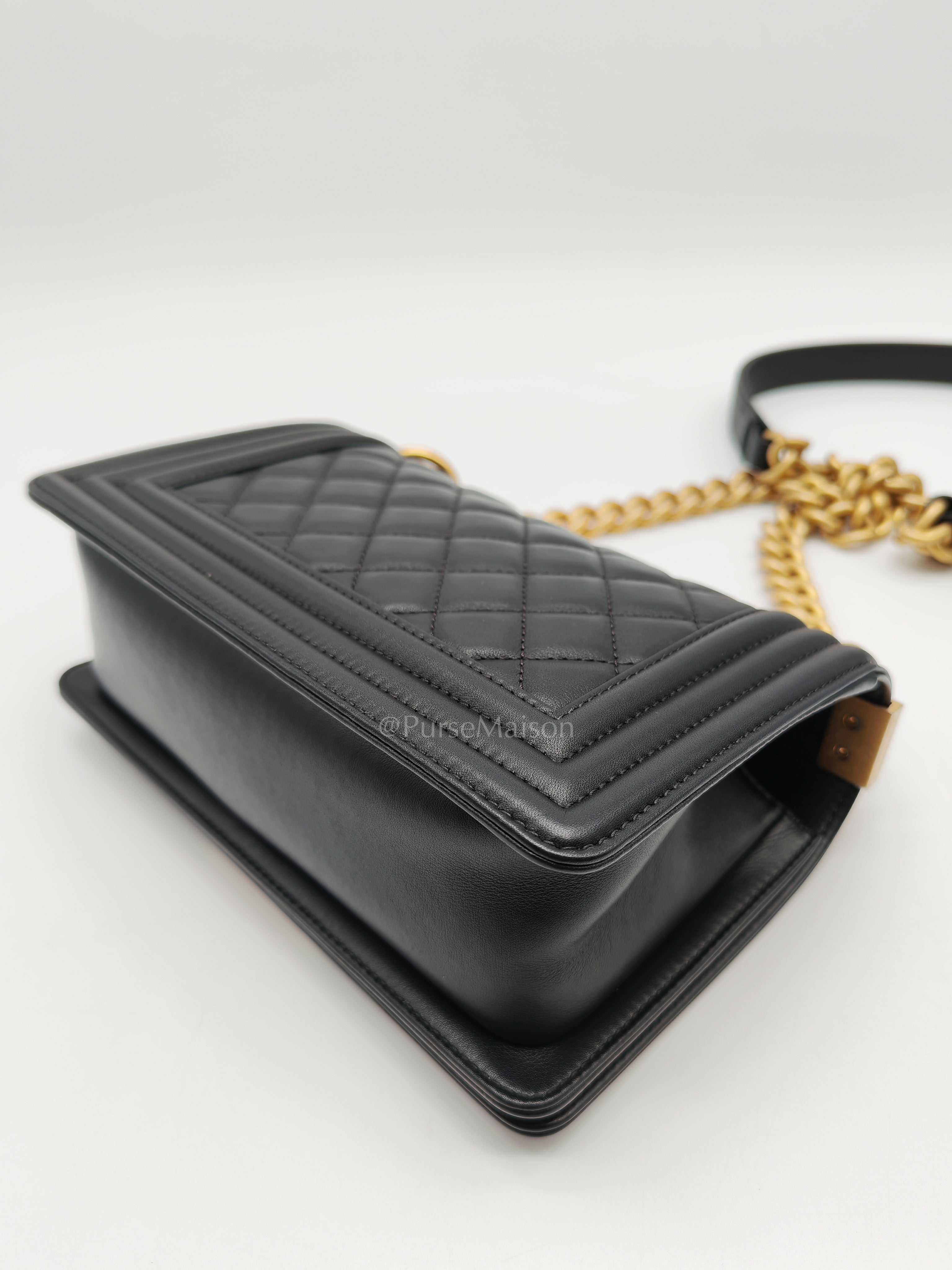 Le Boy Small Black Calfskin Leather in Aged Gold Hardware (Series 28) | Purse Maison Luxury Bags Shop