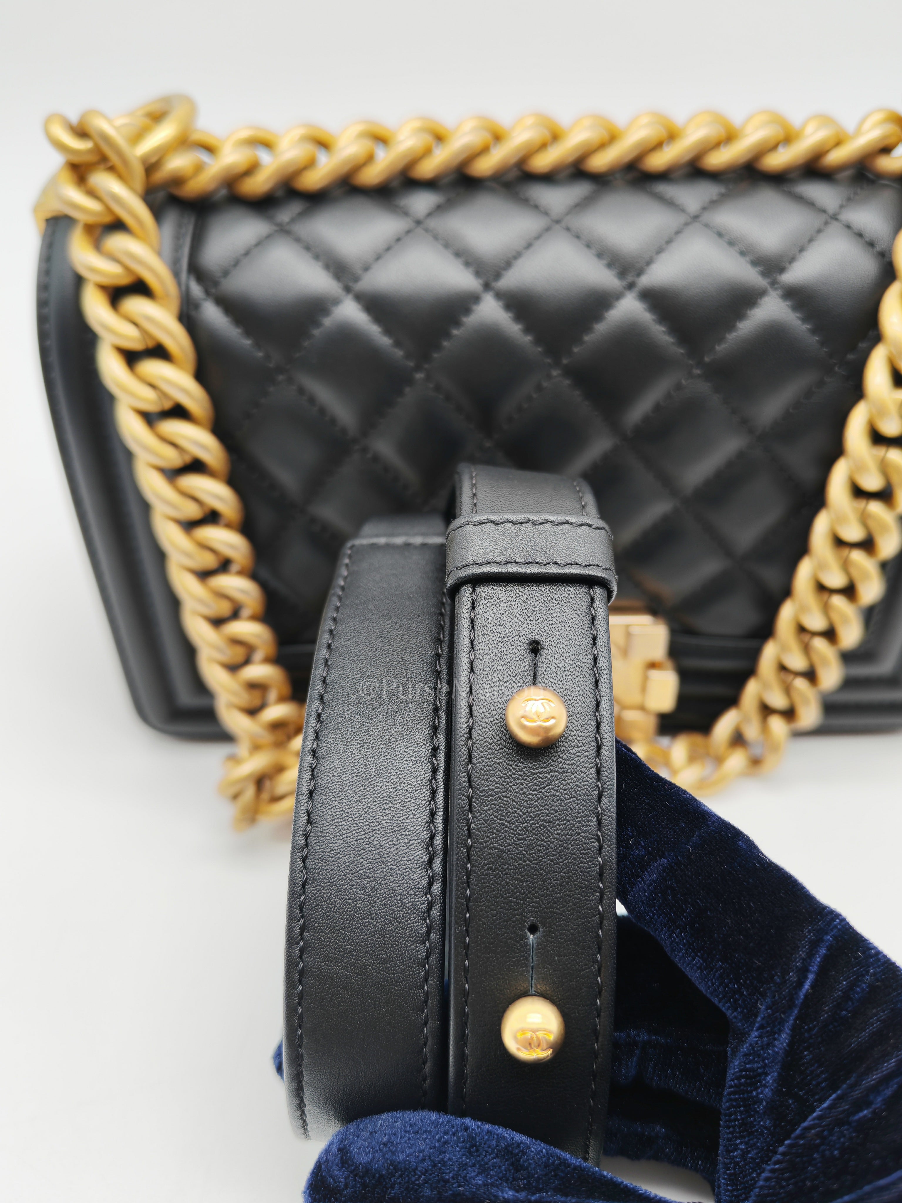 Le Boy Small Black Calfskin Leather in Aged Gold Hardware (Series 28) | Purse Maison Luxury Bags Shop