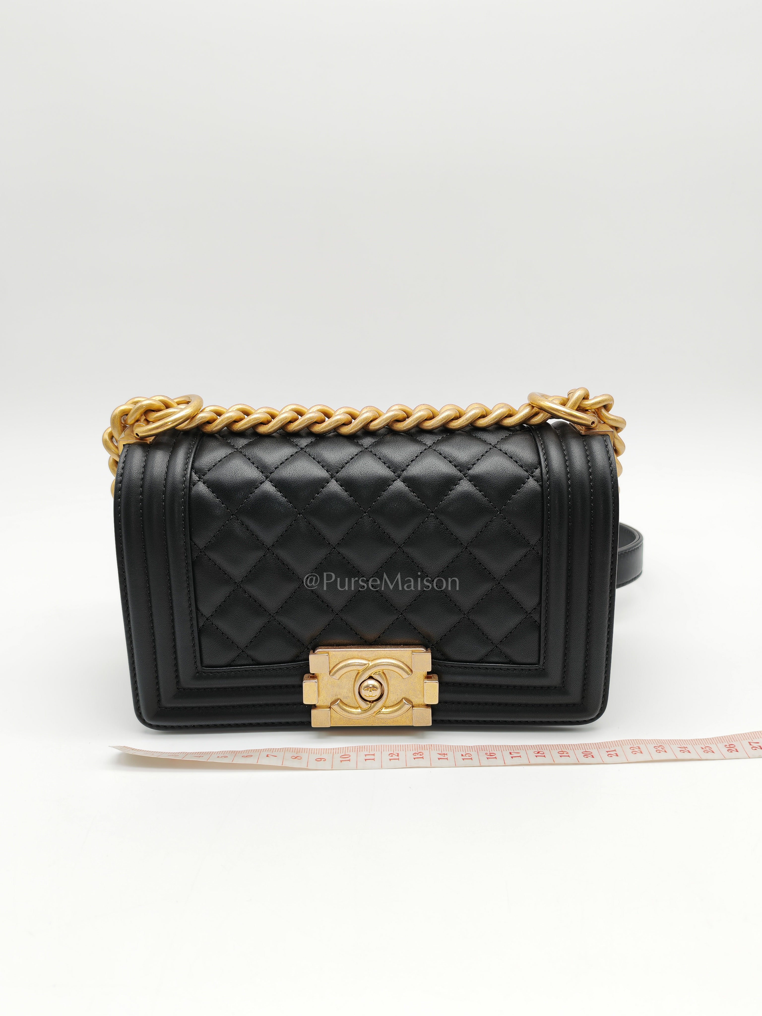 Le Boy Small Black Calfskin Leather in Aged Gold Hardware (Series 28) | Purse Maison Luxury Bags Shop