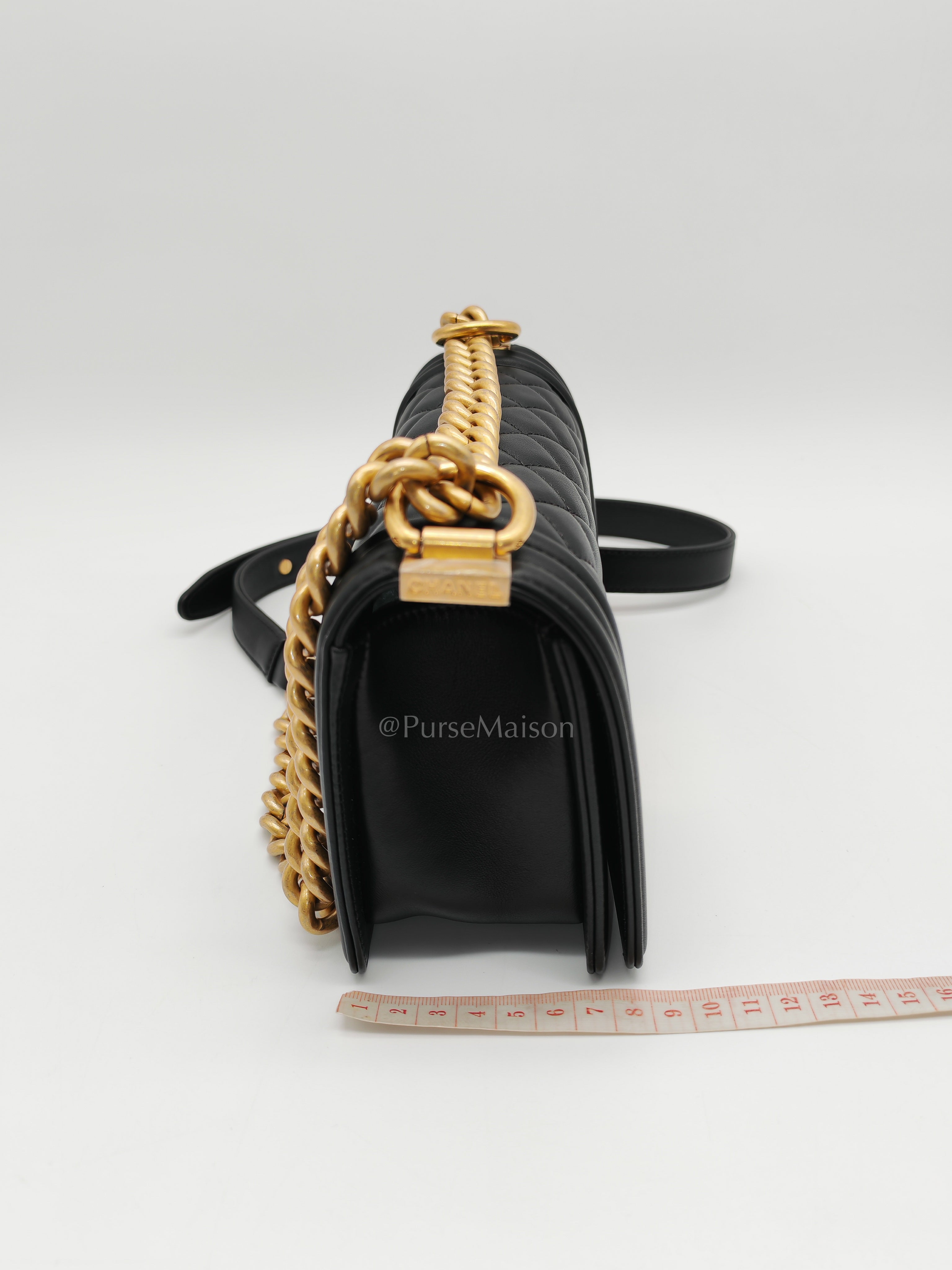 Le Boy Small Black Calfskin Leather in Aged Gold Hardware (Series 28) | Purse Maison Luxury Bags Shop