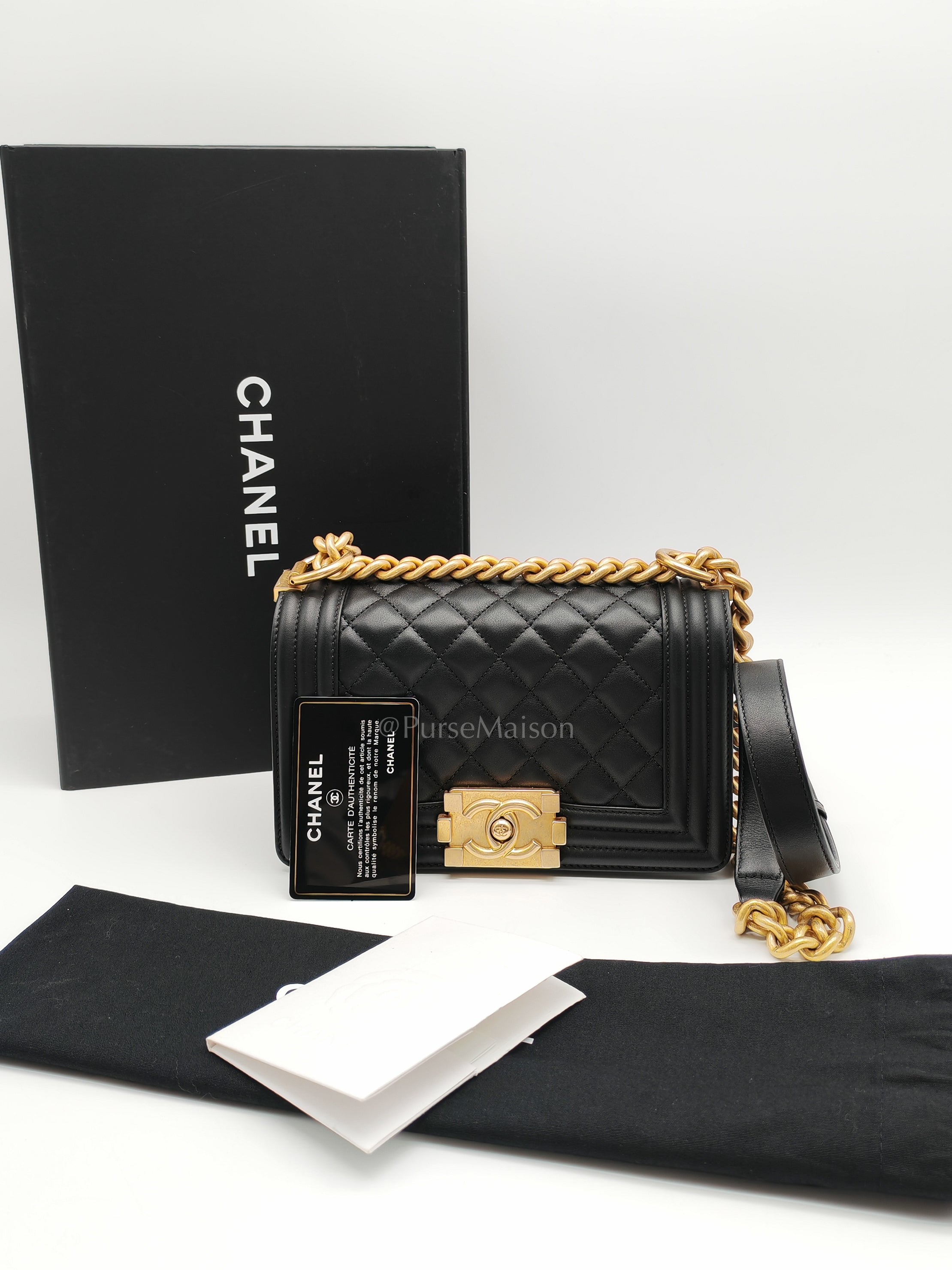 Le Boy Small Black Calfskin Leather in Aged Gold Hardware (Series 28) | Purse Maison Luxury Bags Shop
