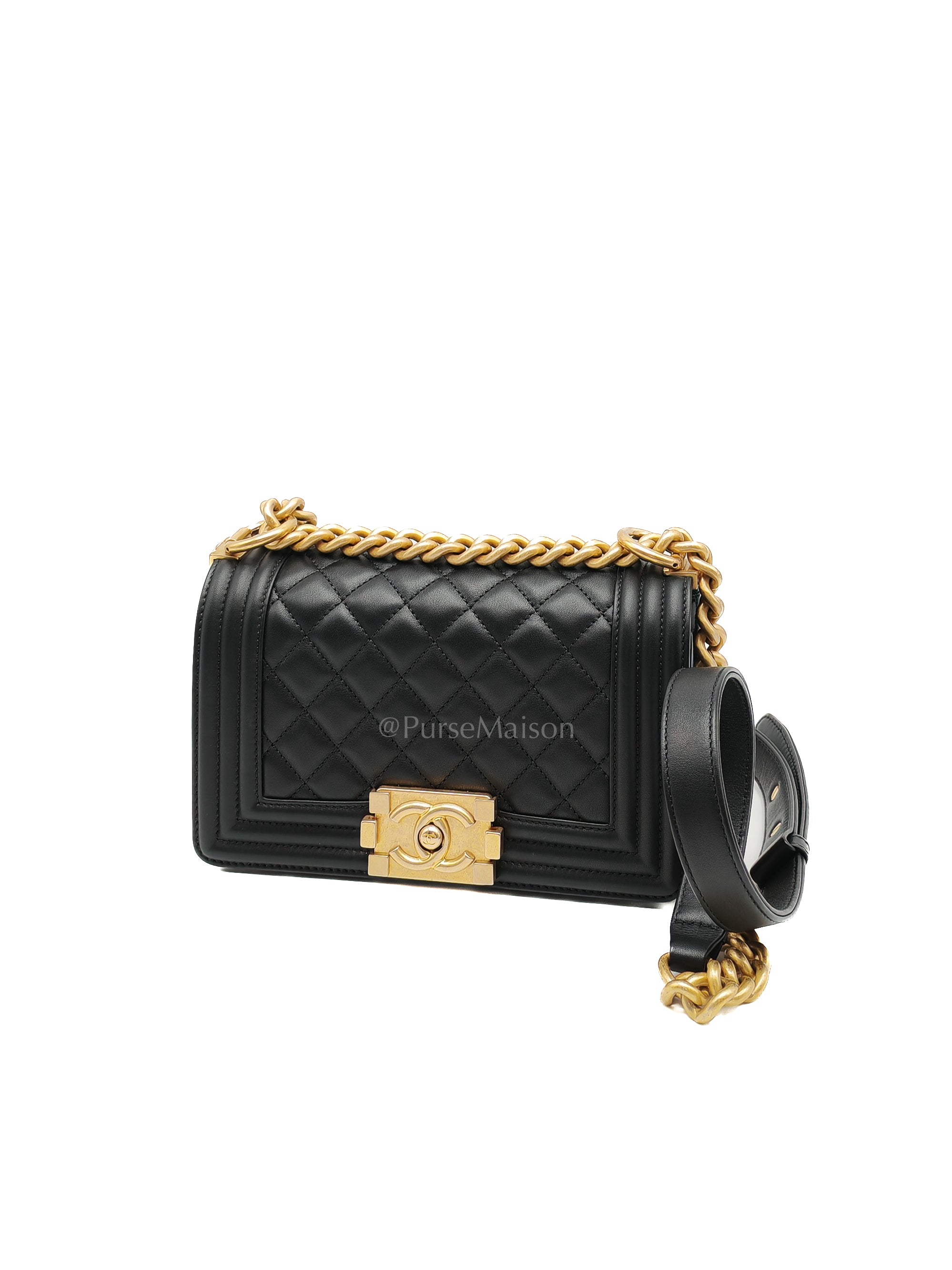 Le Boy Small Black Calfskin Leather in Aged Gold Hardware (Series 28) | Purse Maison Luxury Bags Shop