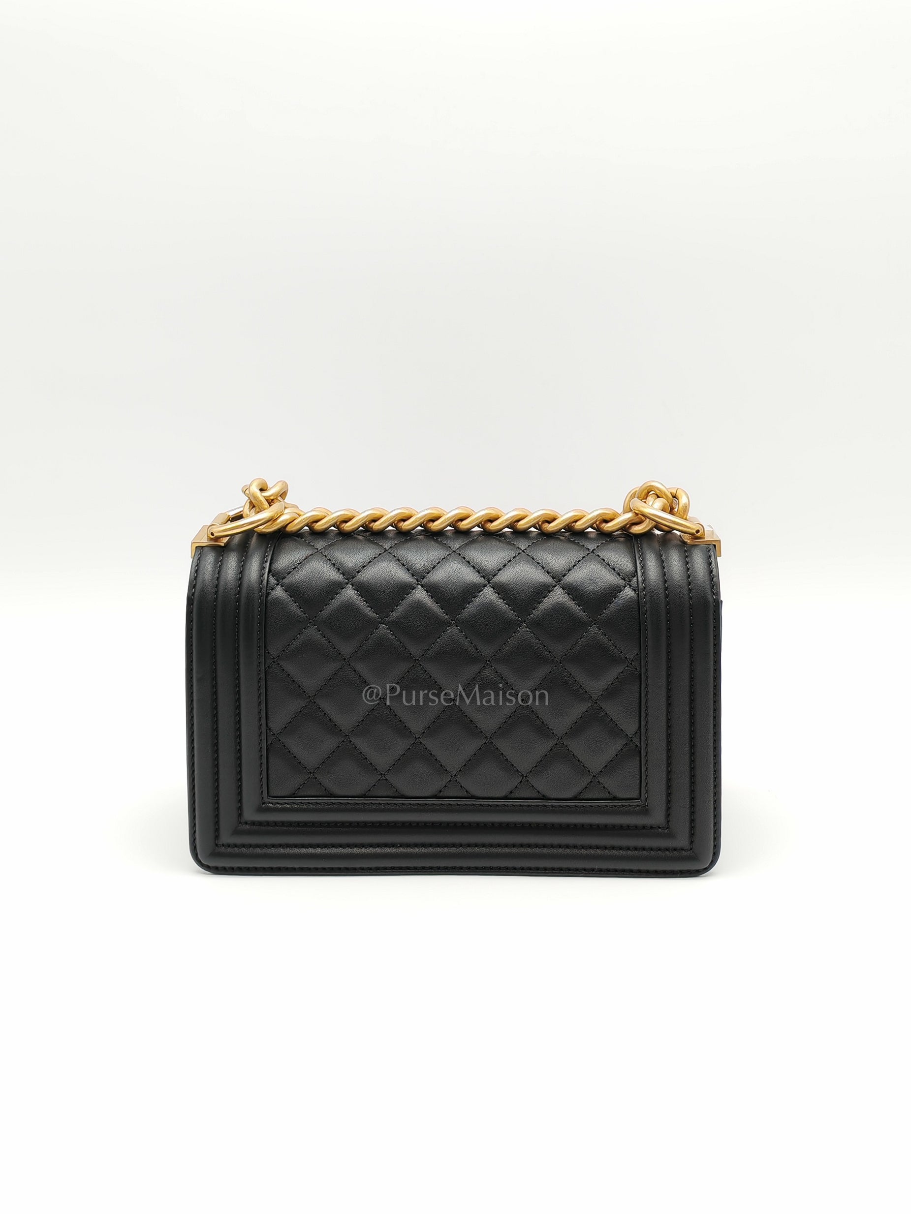 Le Boy Small Black Calfskin Leather in Aged Gold Hardware (Series 28) | Purse Maison Luxury Bags Shop
