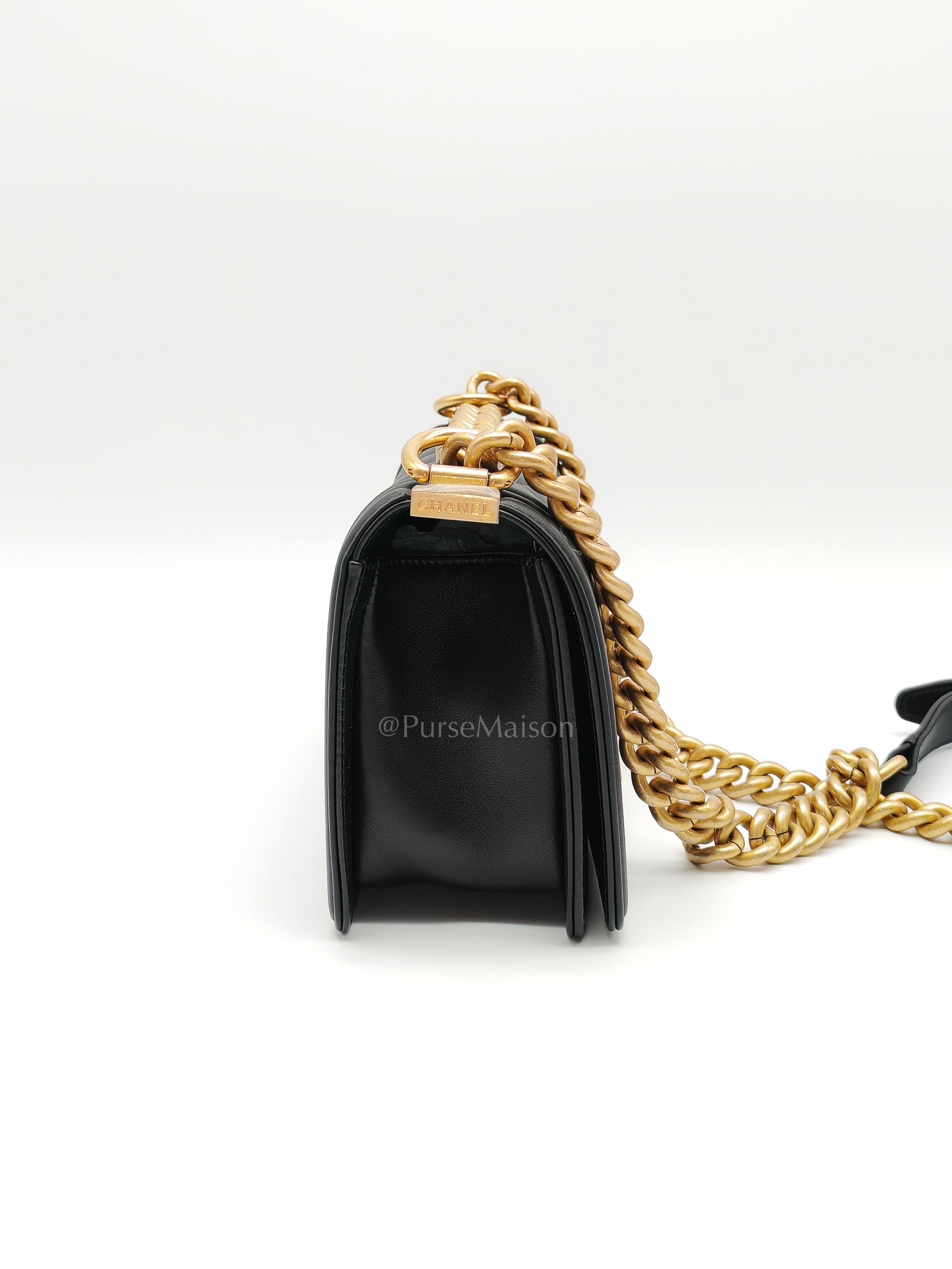Le Boy Small Black Calfskin Leather in Aged Gold Hardware (Series 28) | Purse Maison Luxury Bags Shop