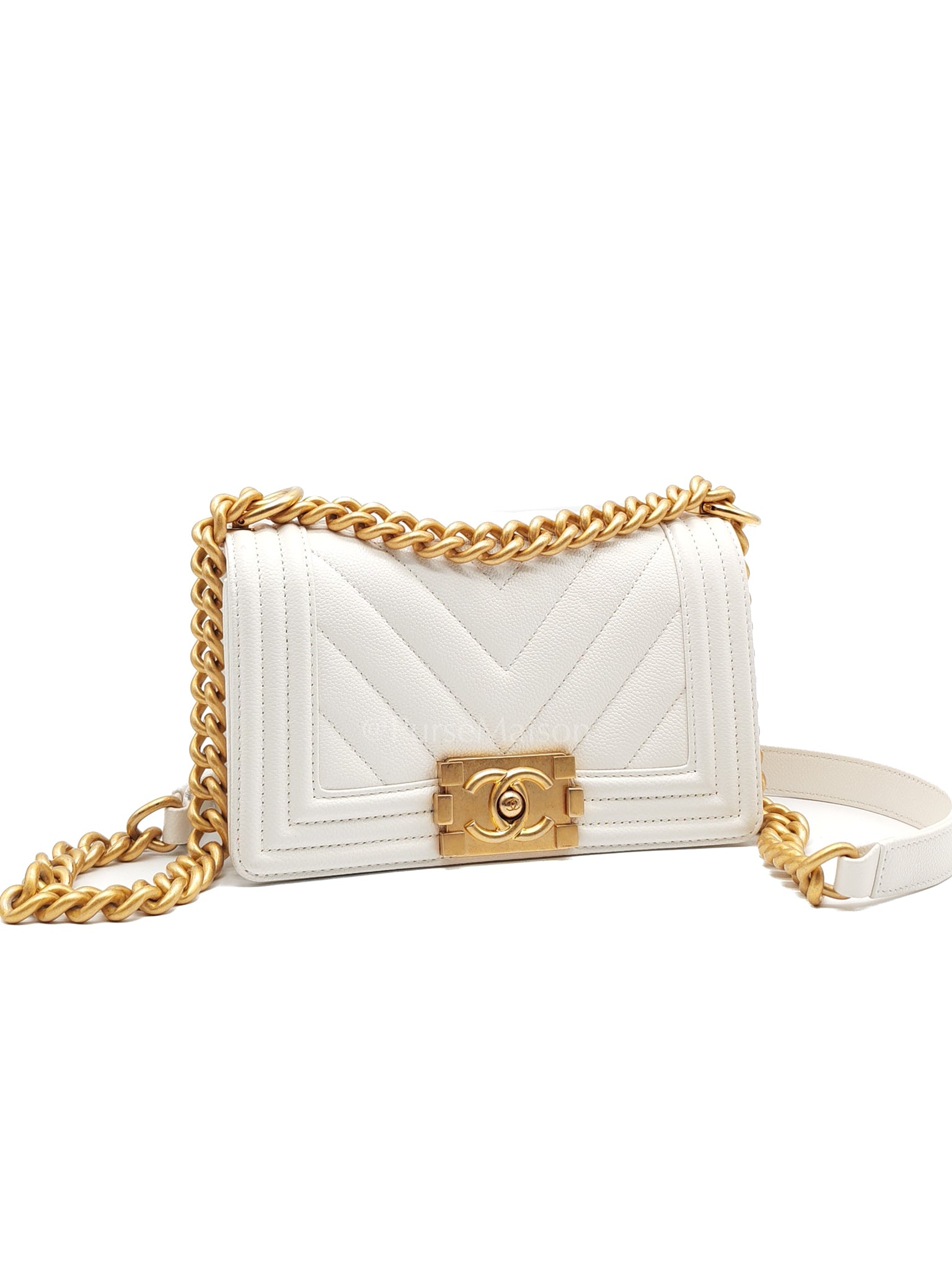 Le Boy Small Chevron White Caviar Leather in Aged Gold Hardware (Microchip) | Purse Maison Luxury Bags Shop