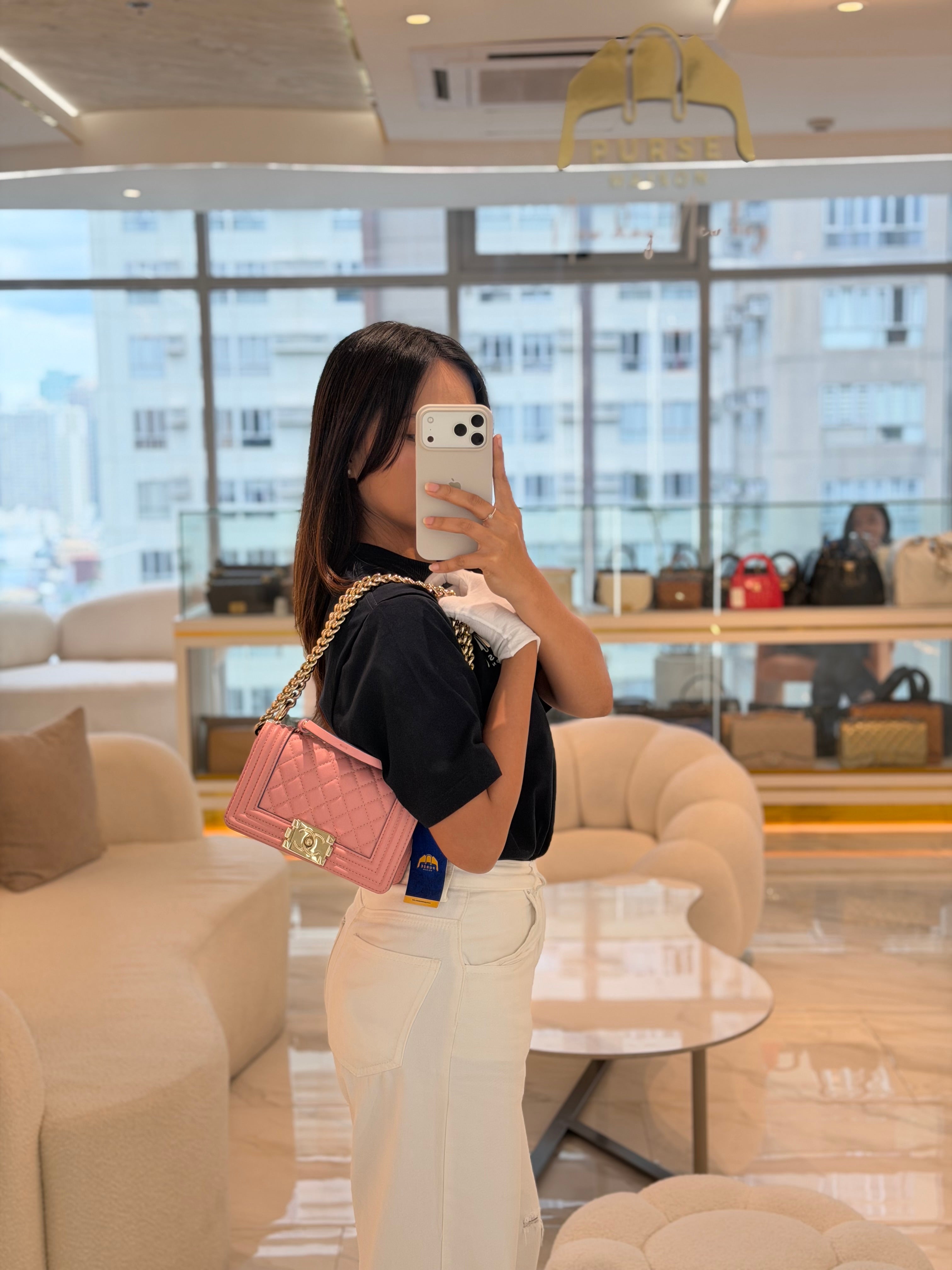 Le Boy Small Top Handle in Pink Calfskin Leather and Light Gold Hardware Series 27 | Purse Maison Luxury Bags Shop