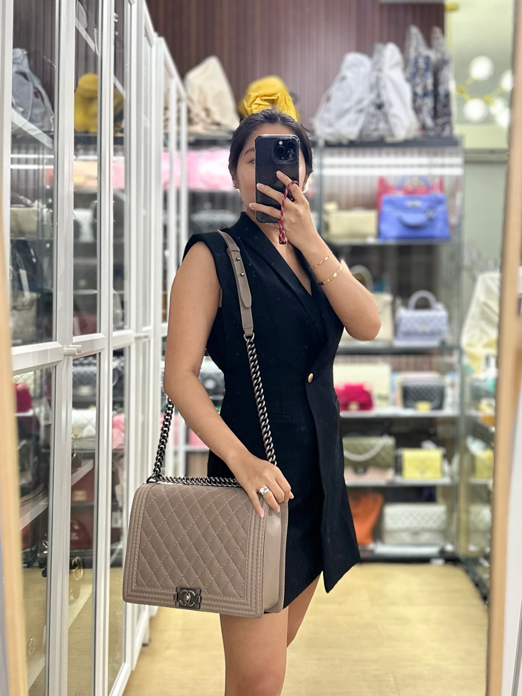 Le Boy Taupe Large Calfskin Leather and Ruthenium Hardware (Series 18) | Purse Maison Luxury Bags Shop