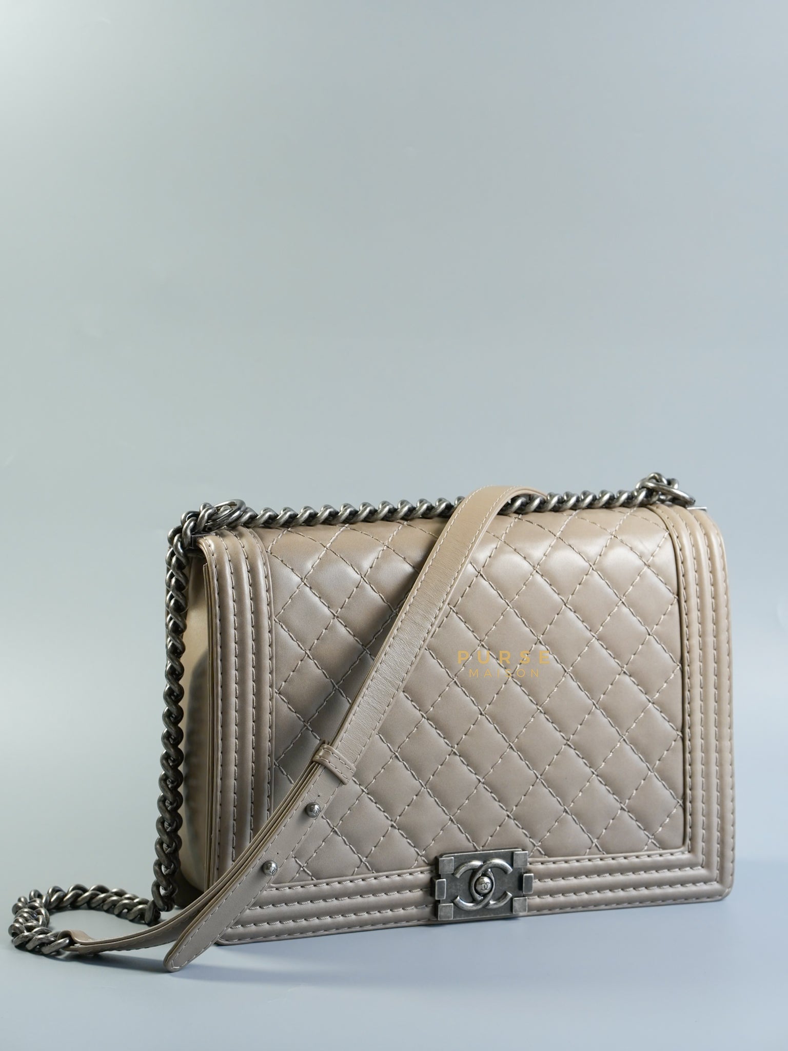 Le Boy Taupe Large Calfskin Leather and Ruthenium Hardware (Series 18) | Purse Maison Luxury Bags Shop