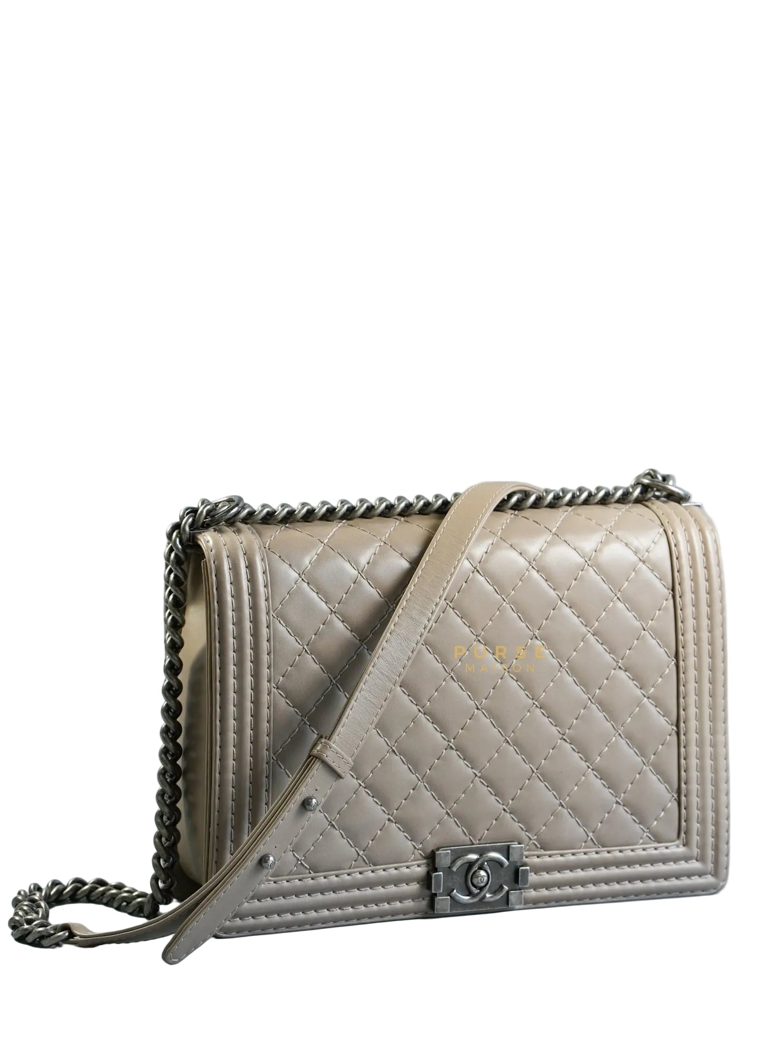 Le Boy Taupe Large Calfskin Leather and Ruthenium Hardware (Series 18) | Purse Maison Luxury Bags Shop