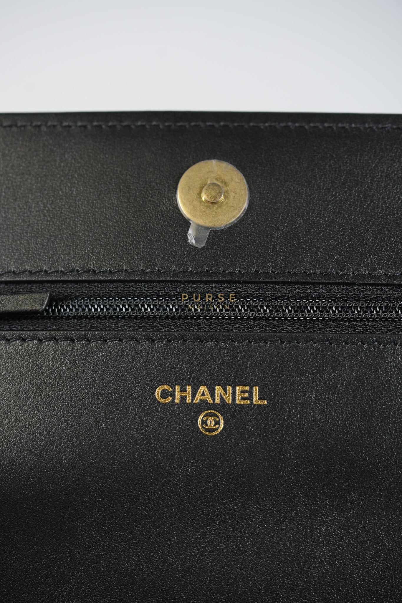 Le Boy Wallet On Chain in Black Caviar Leather Aged Gold Hardware (Microchip) | Purse Maison Luxury Bags Shop