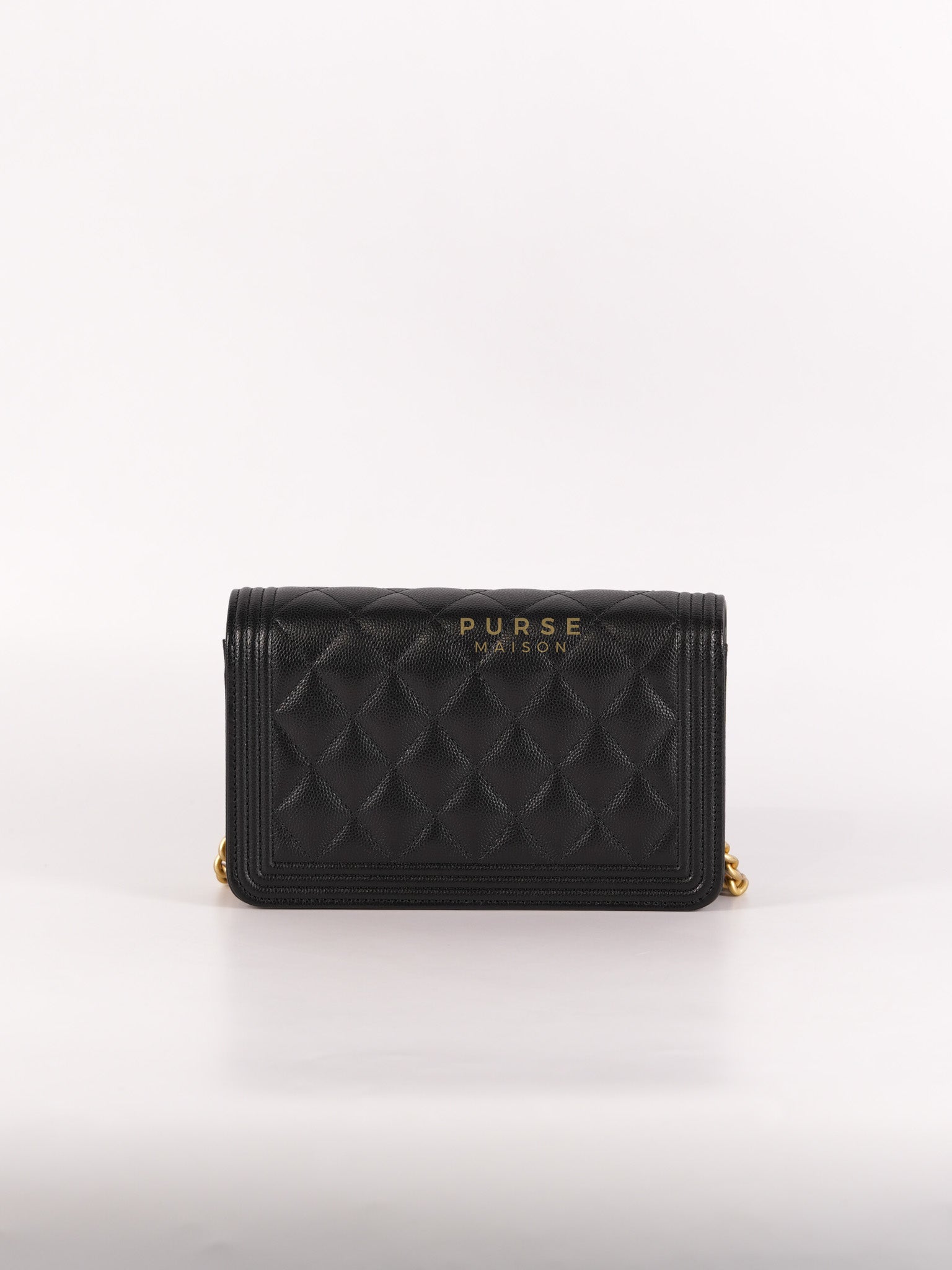 Le Boy Wallet On Chain in Black Caviar Leather Aged Gold Hardware (Microchip) | Purse Maison Luxury Bags Shop