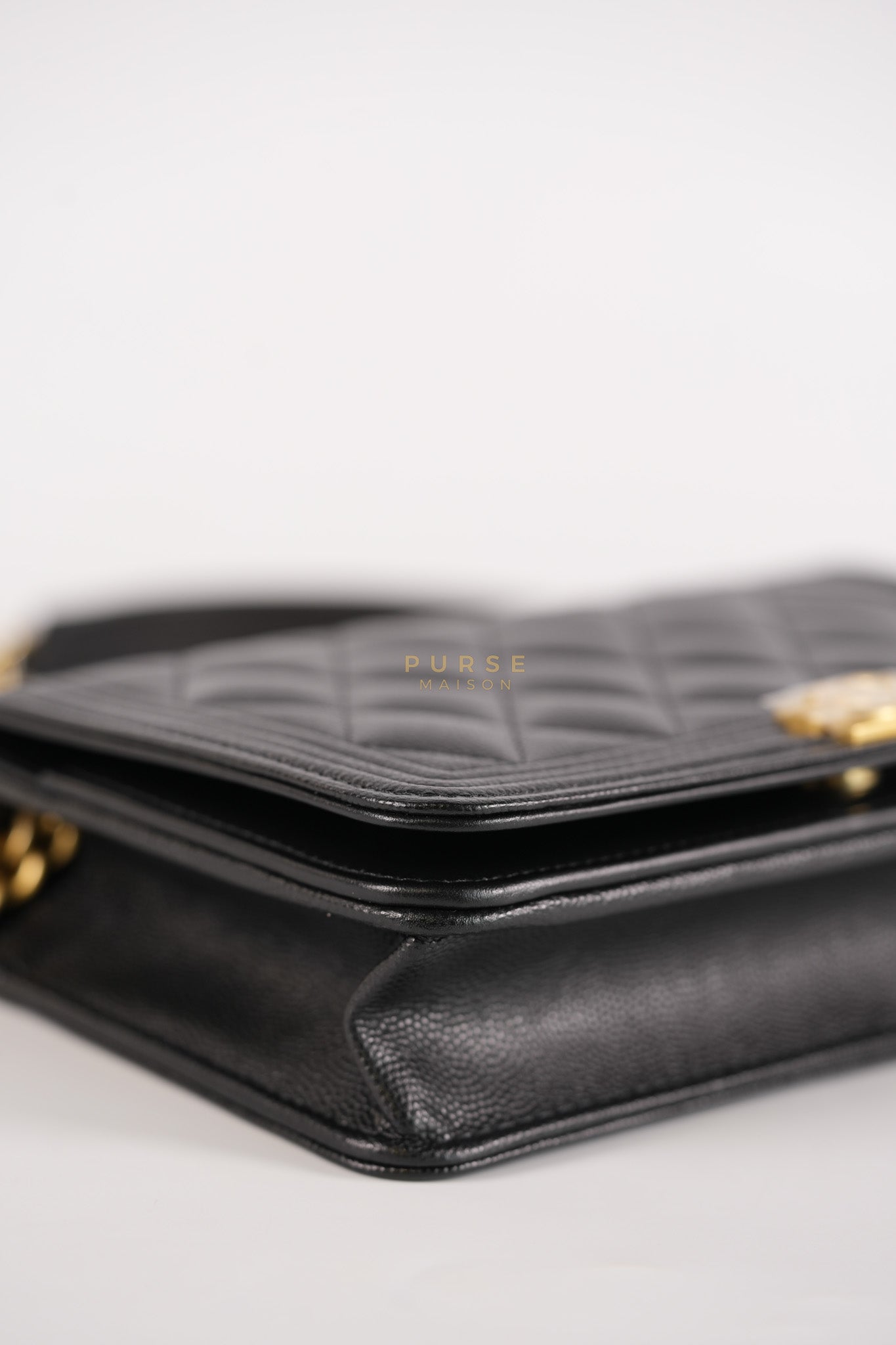 Le Boy Wallet On Chain in Black Caviar Leather Aged Gold Hardware (Microchip) | Purse Maison Luxury Bags Shop
