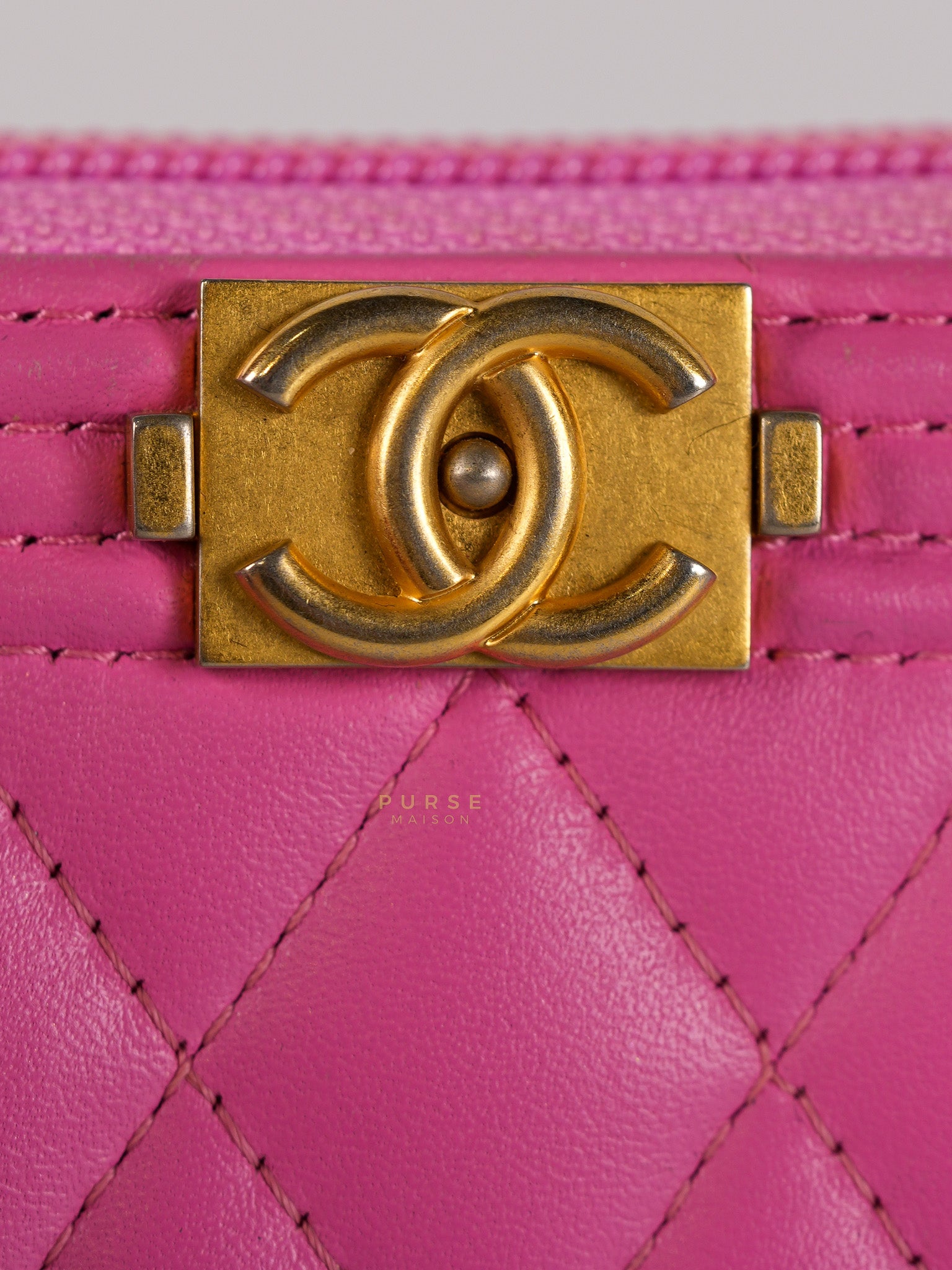 Le Boy Zip Card Holder in Pink Lambskin Leather & Aged Gold Hardware (Series 26) | Purse Maison Luxury Bags Shop