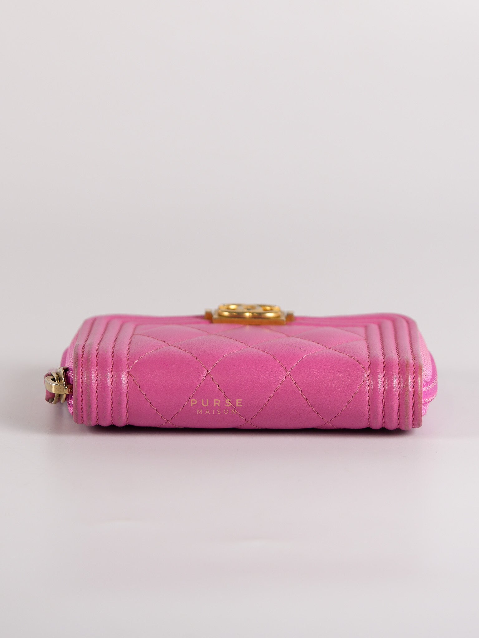 Le Boy Zip Card Holder in Pink Lambskin Leather & Aged Gold Hardware (Series 26) | Purse Maison Luxury Bags Shop
