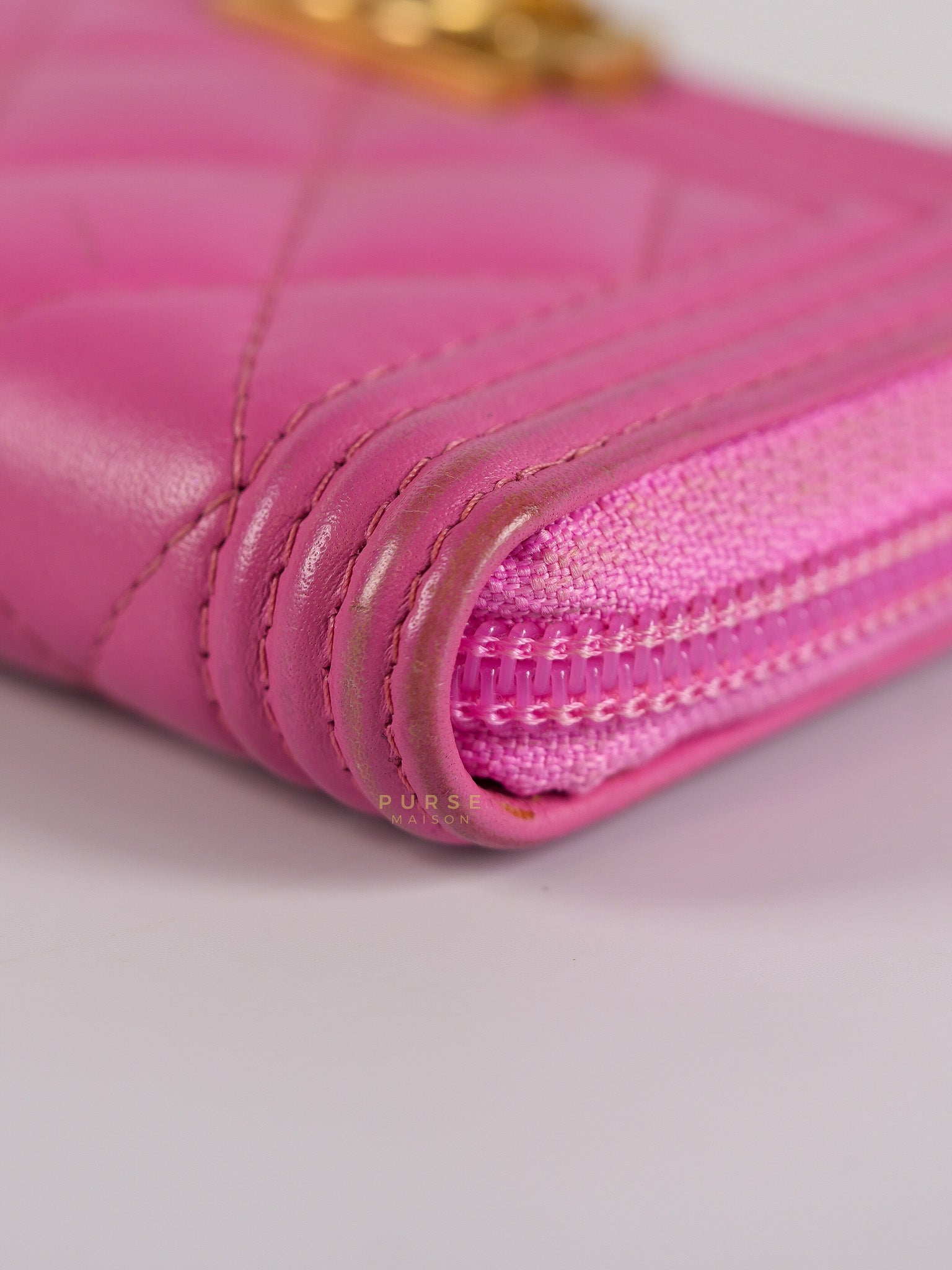 Le Boy Zip Card Holder in Pink Lambskin Leather & Aged Gold Hardware (Series 26) | Purse Maison Luxury Bags Shop