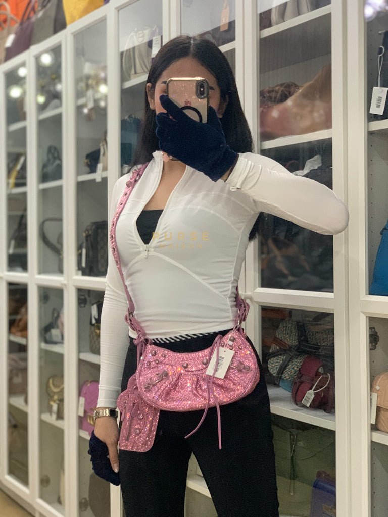 Le Cagole in Pink Diamond Stud Suede Leather | Purse Maison Luxury Bags Shop