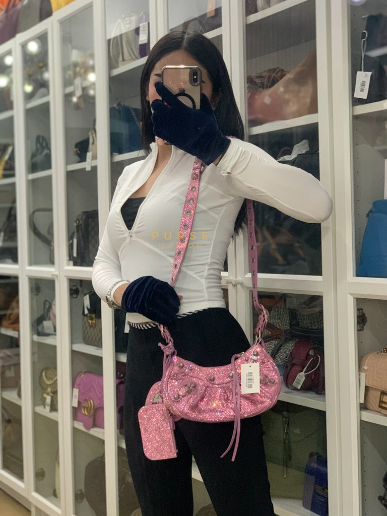 Le Cagole in Pink Diamond Stud Suede Leather | Purse Maison Luxury Bags Shop