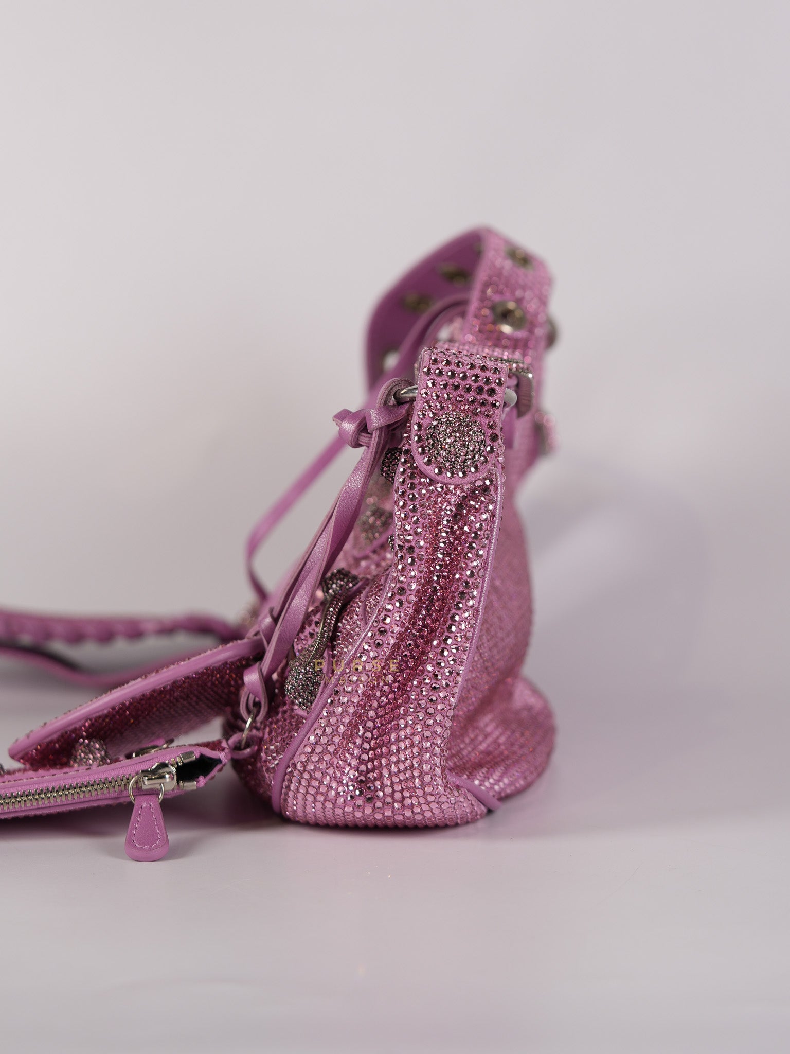 Le Cagole in Pink Diamond Stud Suede Leather | Purse Maison Luxury Bags Shop