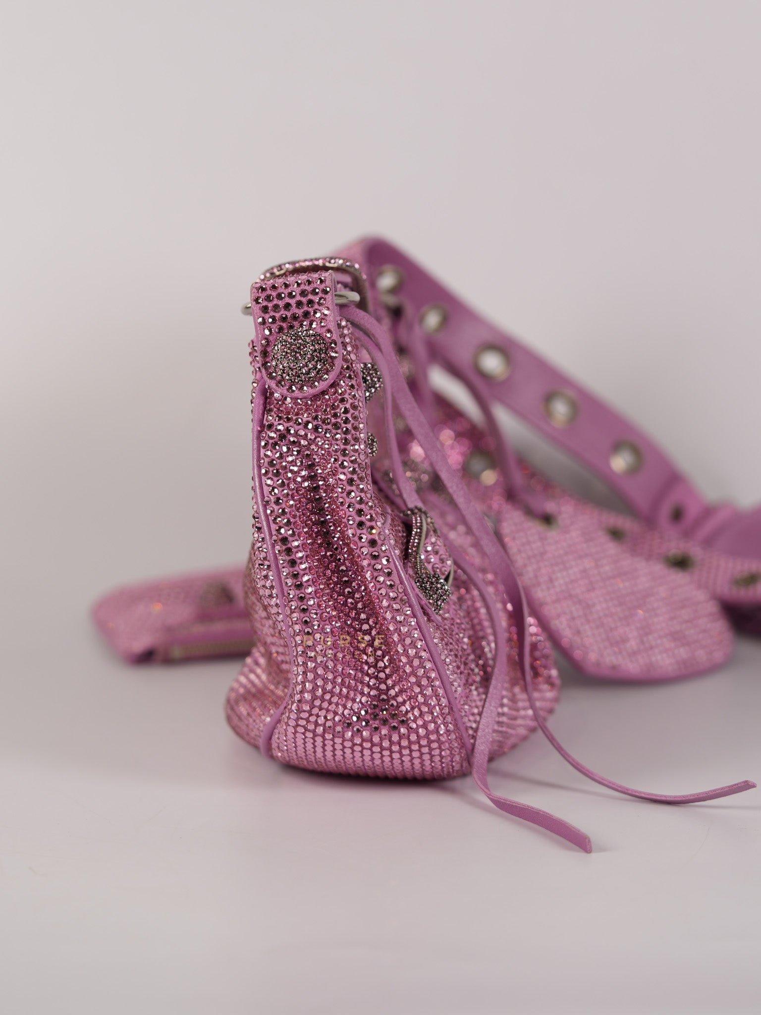 Le Cagole in Pink Diamond Stud Suede Leather | Purse Maison Luxury Bags Shop