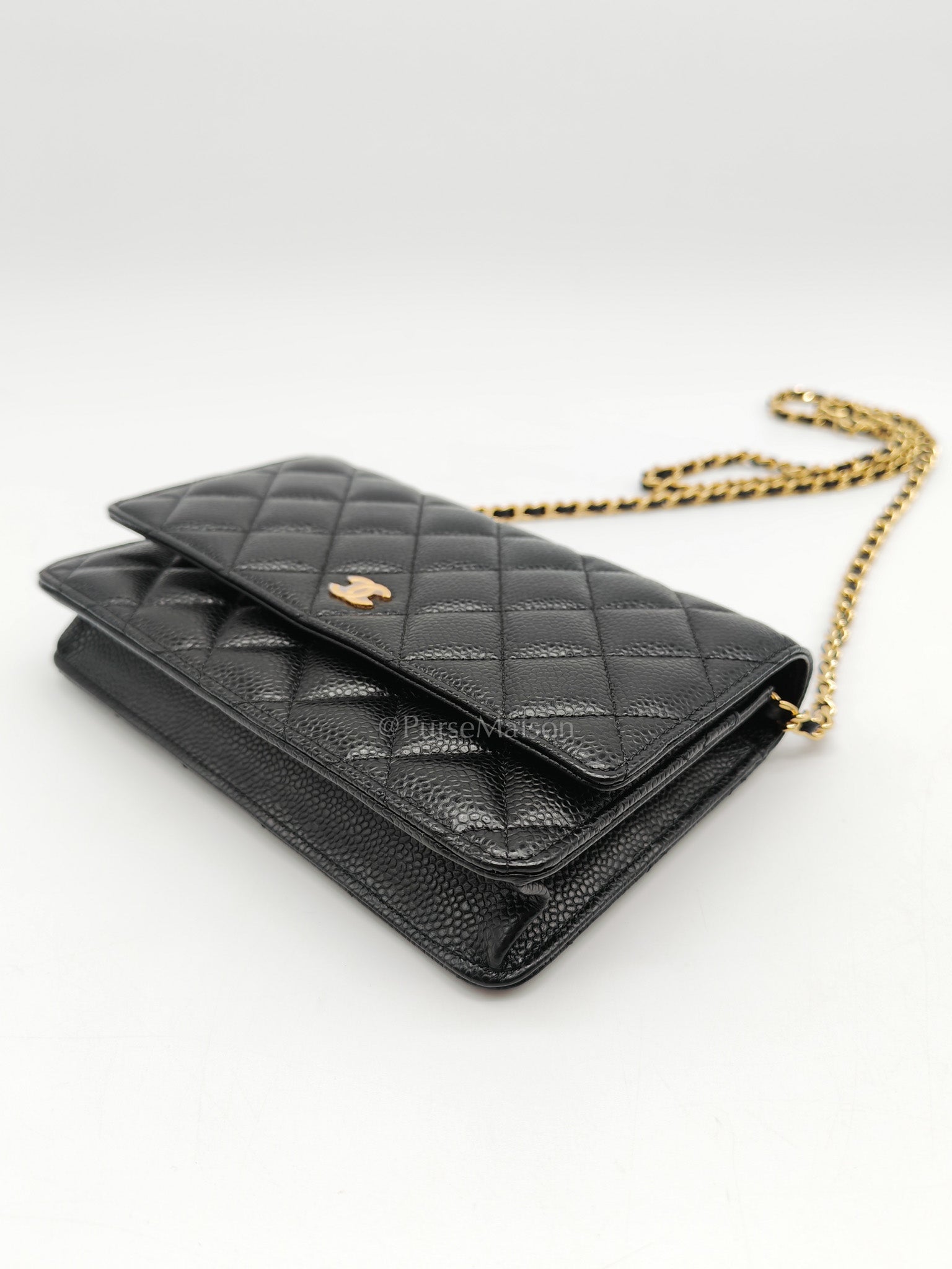 Chanel Wallet on Chain (WOC) in Black Quilted Caviar Leather and Gold Hardware Series 26 | Purse Maison Luxury Bags Shop
