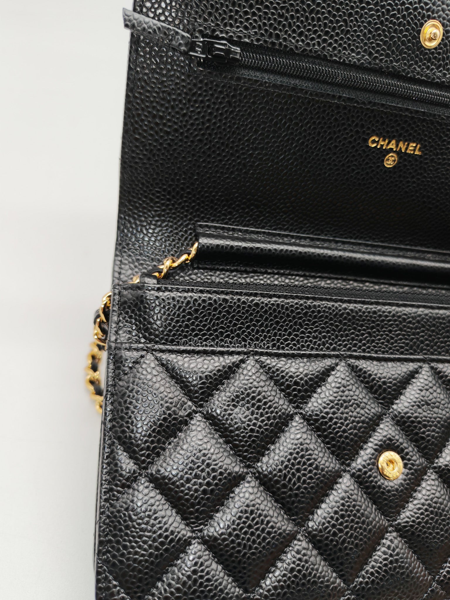 Chanel Wallet on Chain (WOC) in Black Quilted Caviar Leather and Gold Hardware Series 26 | Purse Maison Luxury Bags Shop