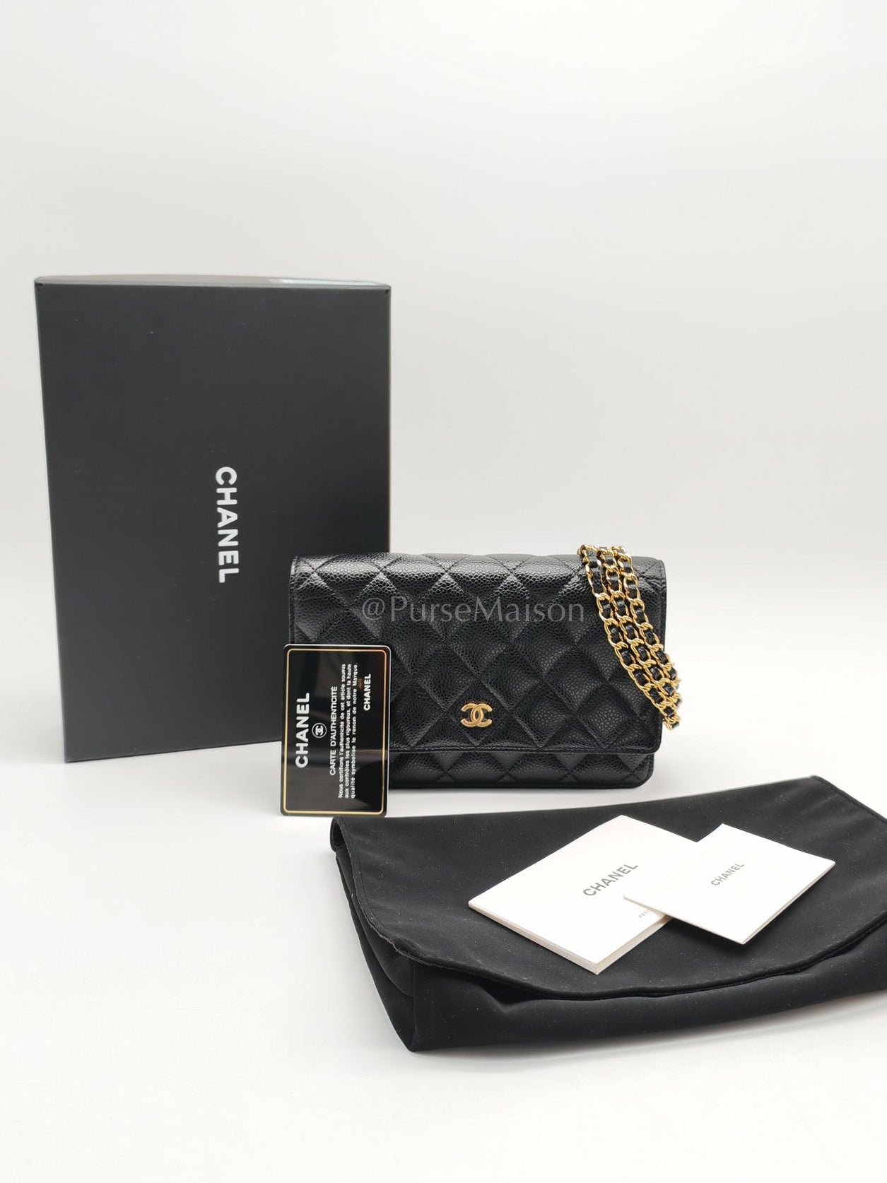 Chanel Wallet on Chain (WOC) in Black Quilted Caviar Leather and Gold Hardware Series 26 | Purse Maison Luxury Bags Shop