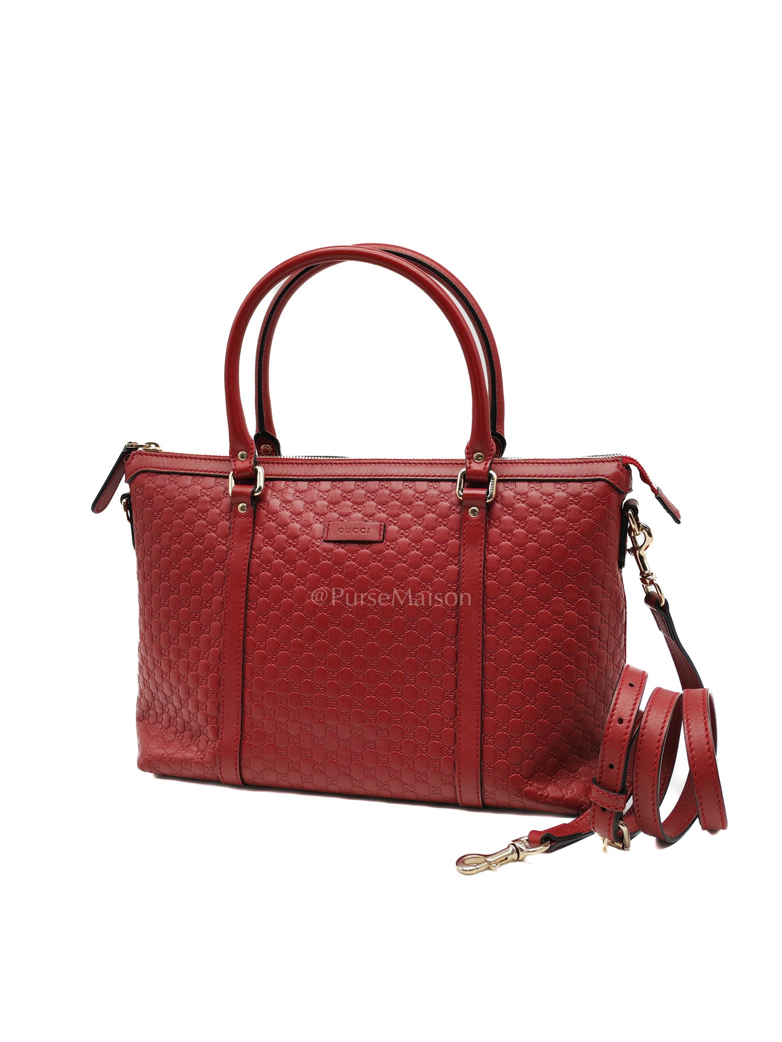 Gucci Margaux Tote Bag in Burgundy Microguccima Leather and Light Gold Hardware