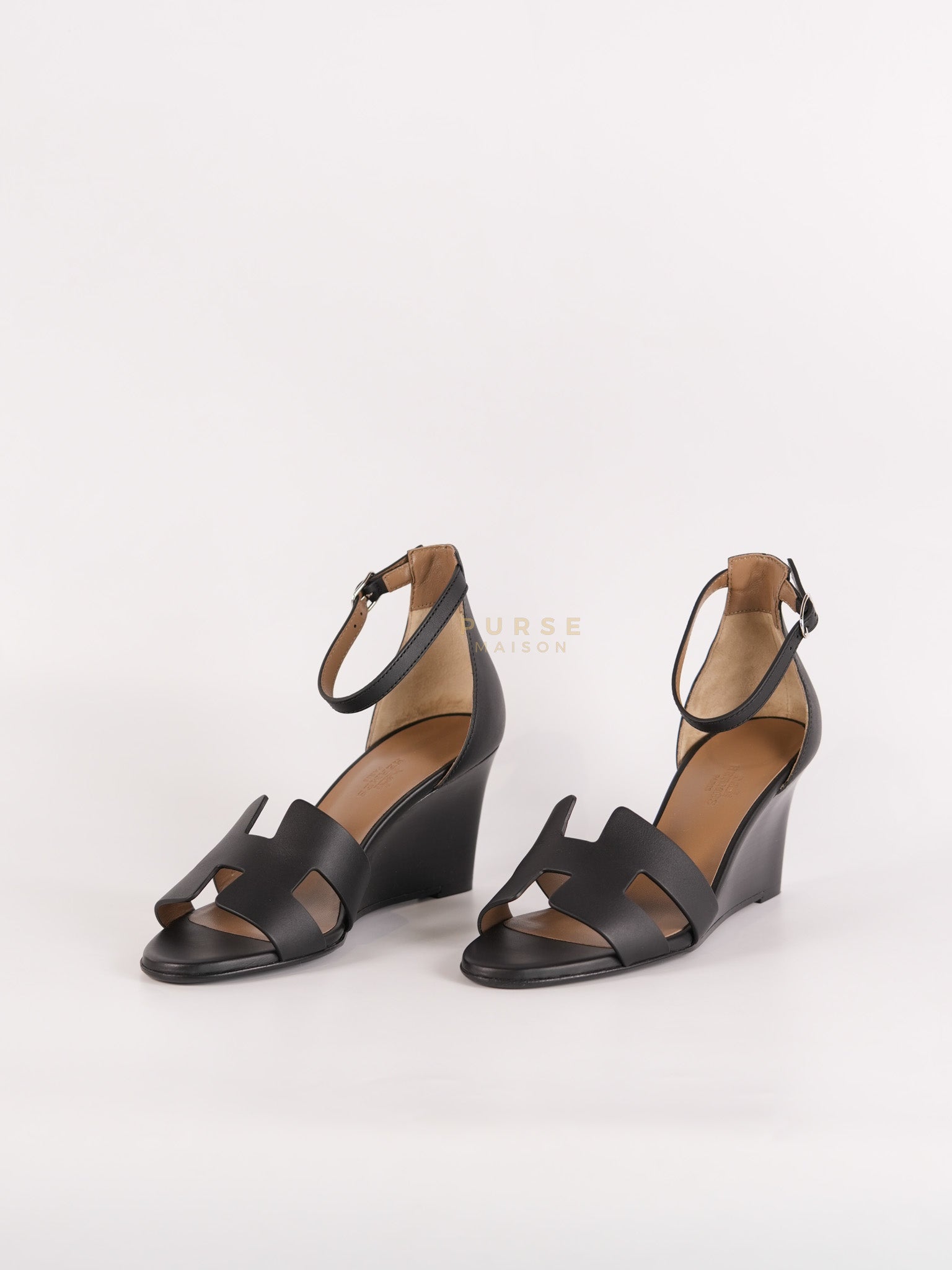 Legend Ankle Strap Wedge Sandals in Black Calfskin Leather Size 37 EU (23.5 cm) | Purse Maison Luxury Bags Shop
