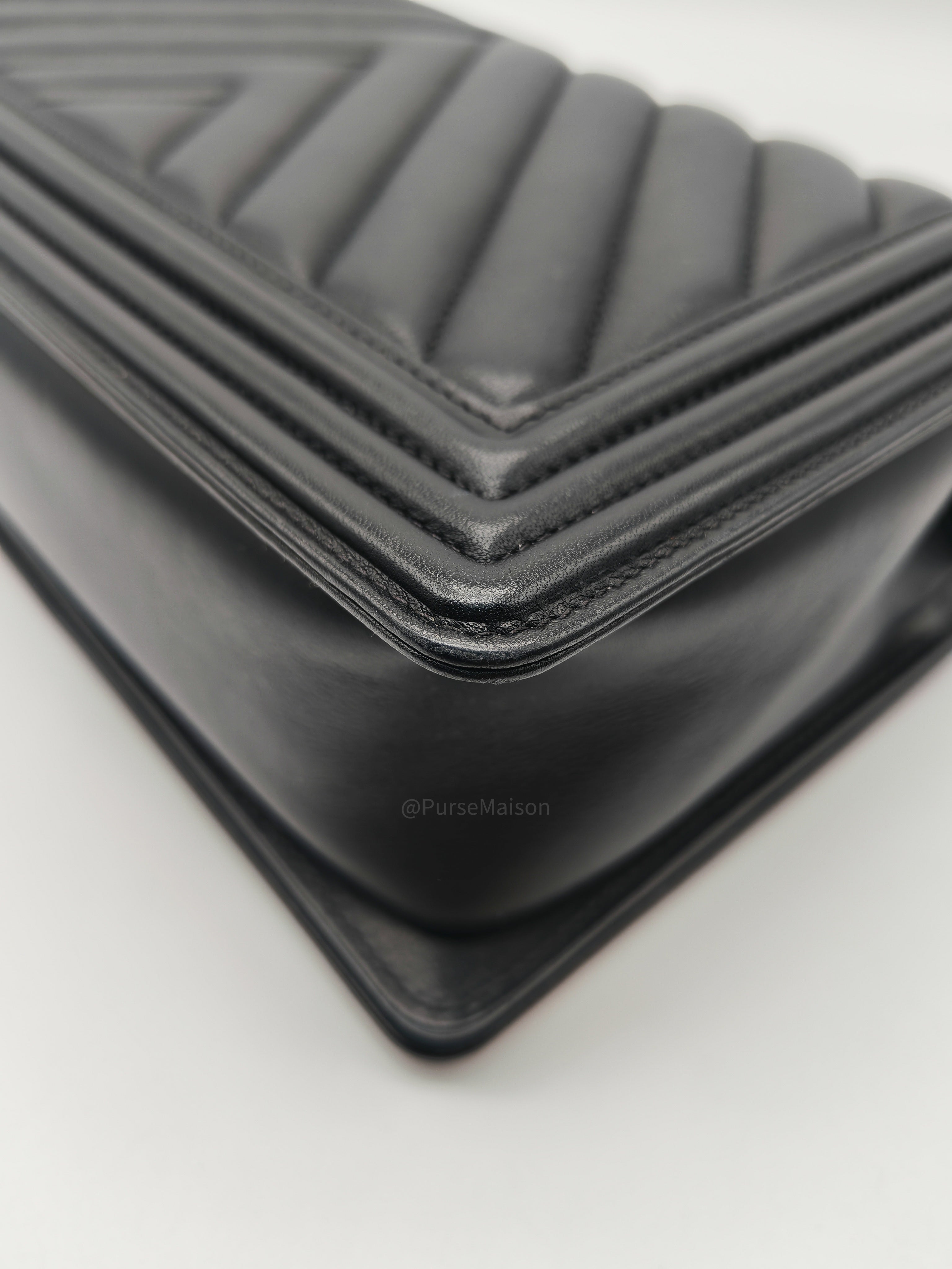 Chanel Le Boy New Medium in Black Chevron Lambskin Leather and Ruthenium Hardware Series 22