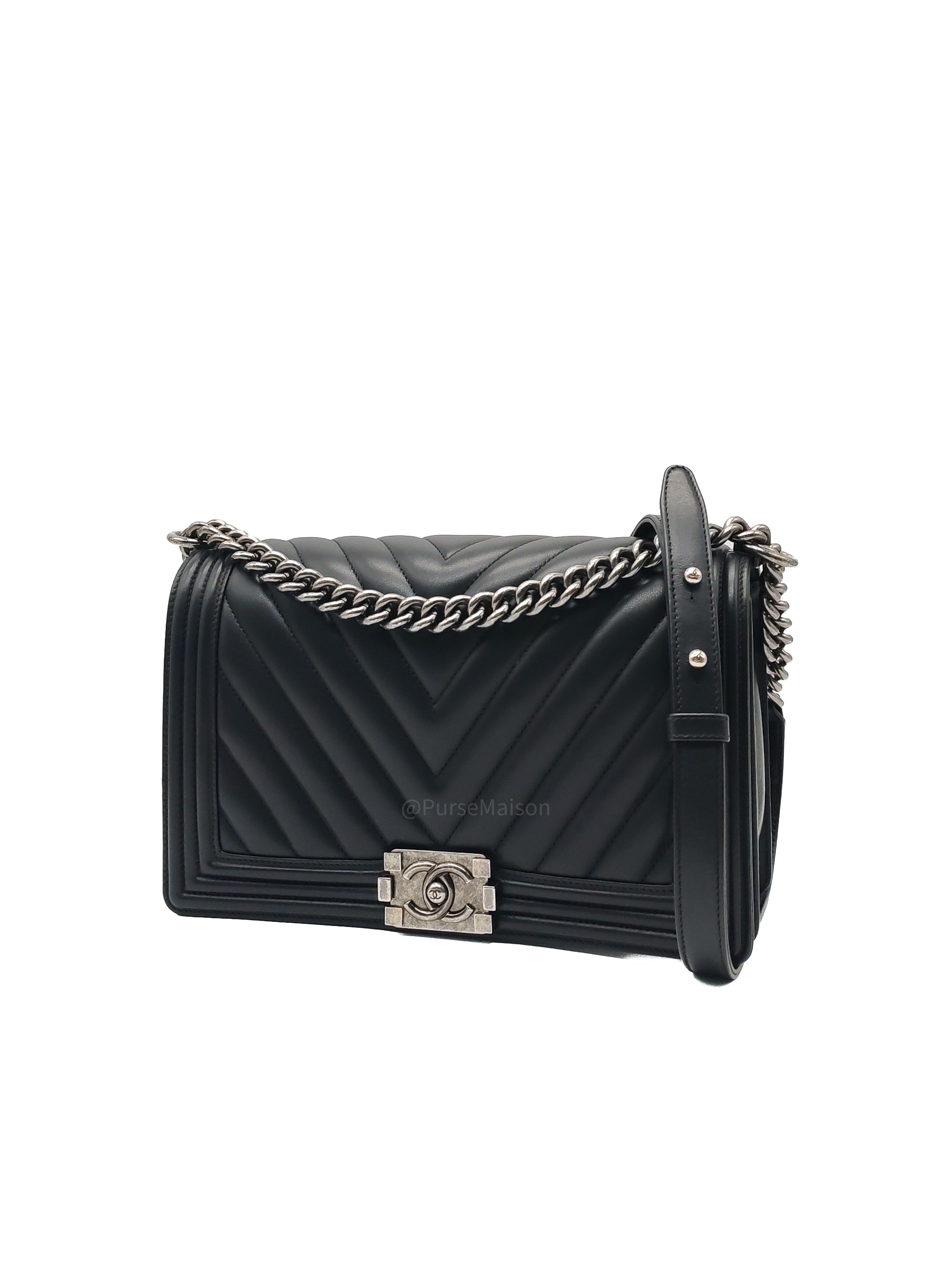 Chanel Le Boy New Medium in Black Chevron Lambskin Leather and Ruthenium Hardware Series 22