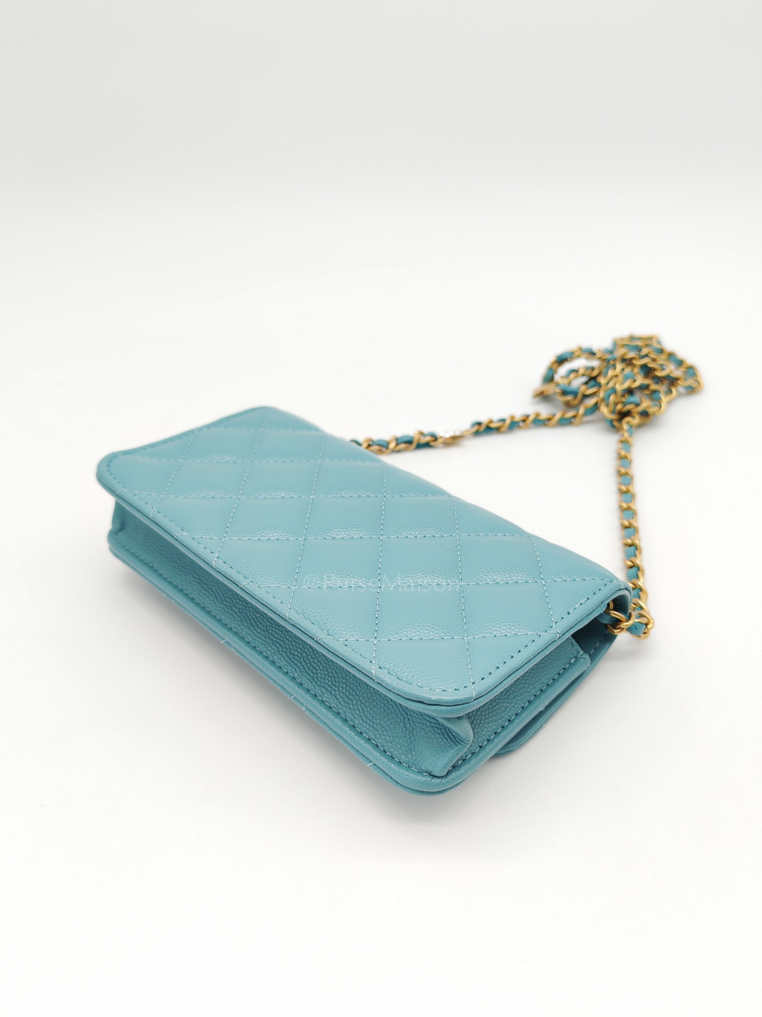 Charming Phone Holder with Chain in Teal Blue Caviar Leather & Gold Hardware (Microchip)
